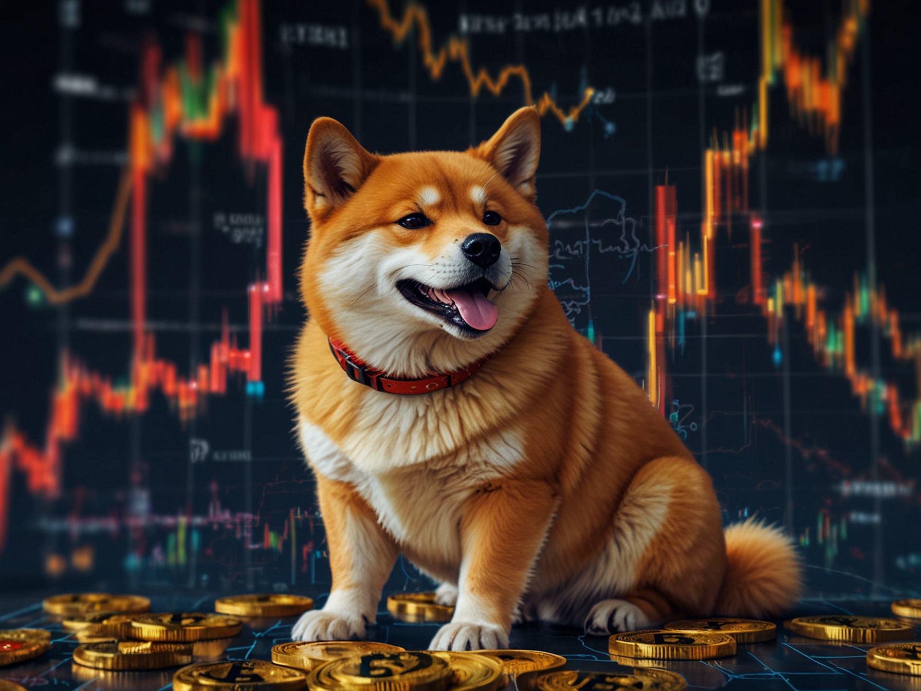 A digital representation of Shiba Inu tokens with a backdrop of fluctuating cryptocurrency charts, symbolizing price stability and market volatility in the crypto ecosystem.