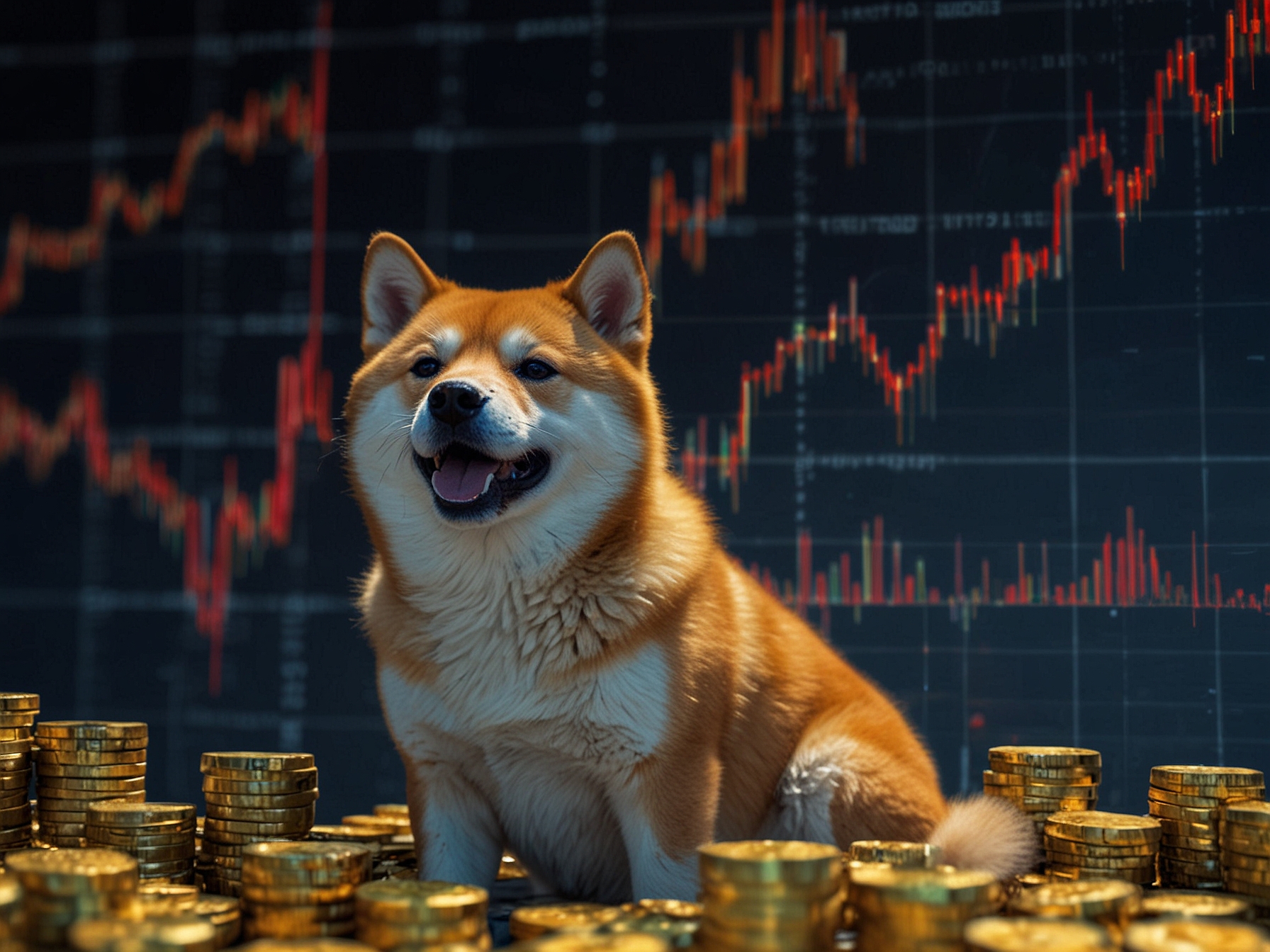 A visual illustration of a trader analyzing their Shiba Inu investments, surrounded by graphs and charts indicating market trends and psychological aspects of investing.