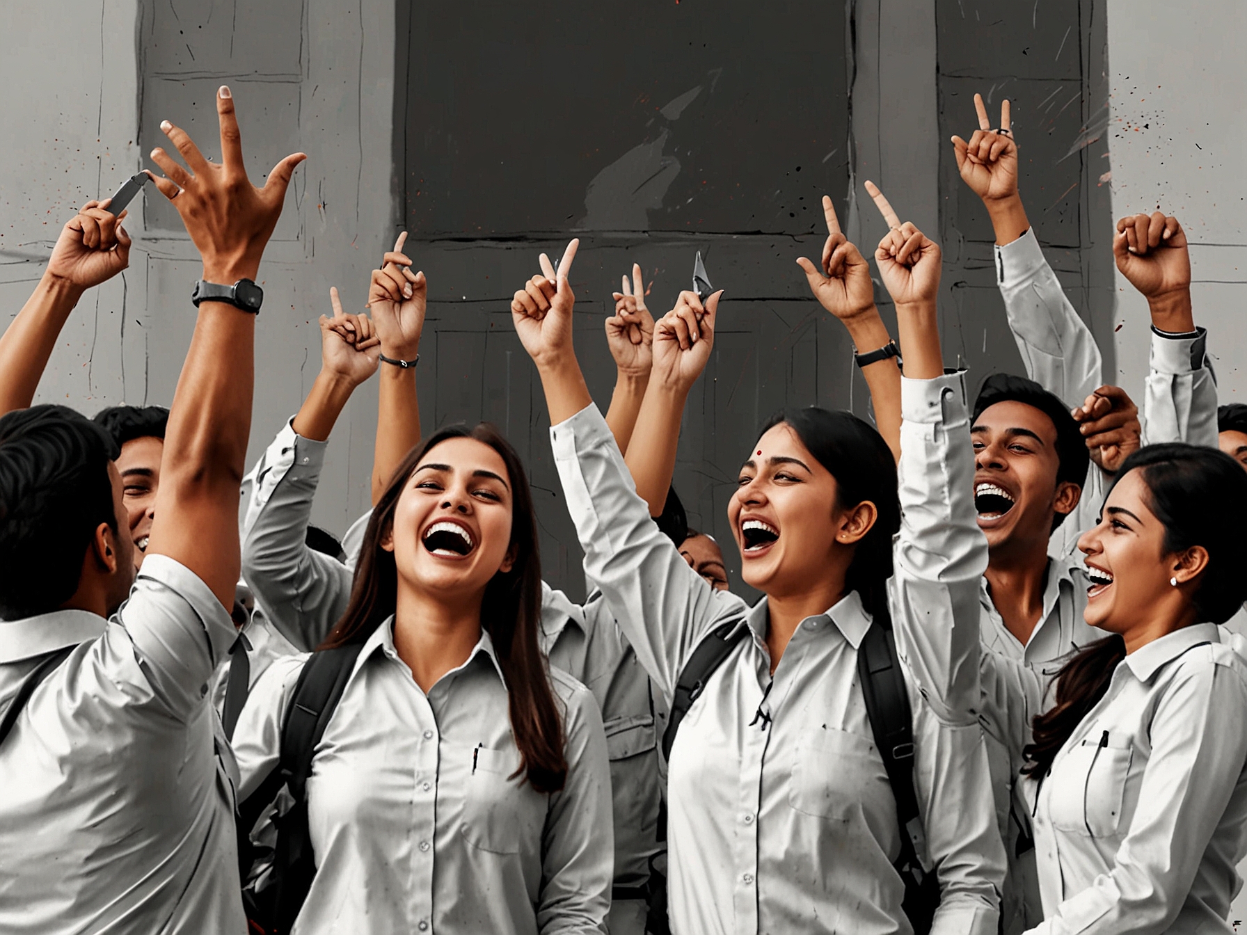 A group of happy candidates celebrating their success after receiving the UP Police recruitment exam results in Lucknow, with smiles and excitement in the air.