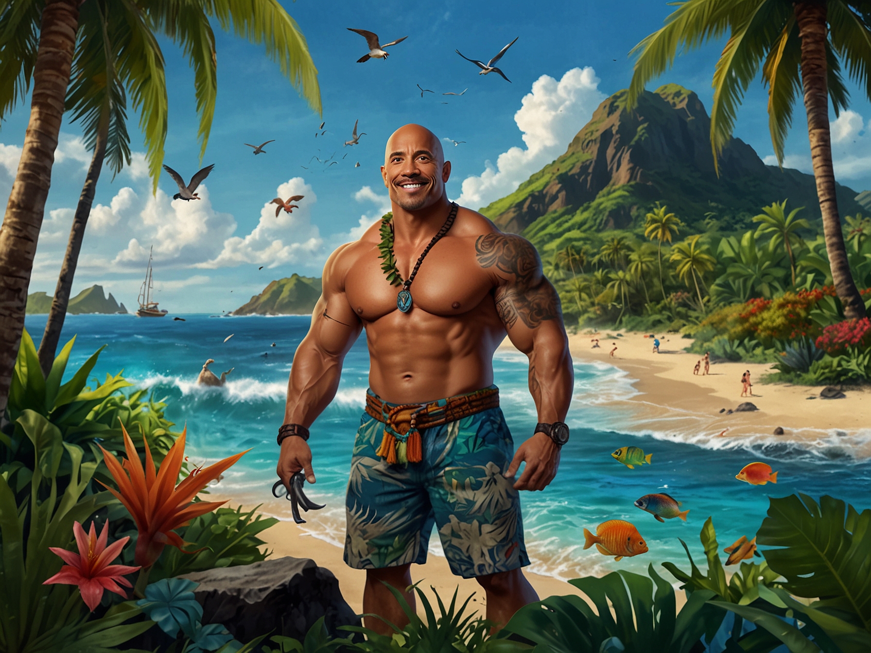 A vibrant live-action scene showcasing a Polynesian landscape with lush greenery and sparkling blue ocean, featuring Dwayne Johnson as Maui, holding his iconic fish hook, surrounded by colorful characters.
