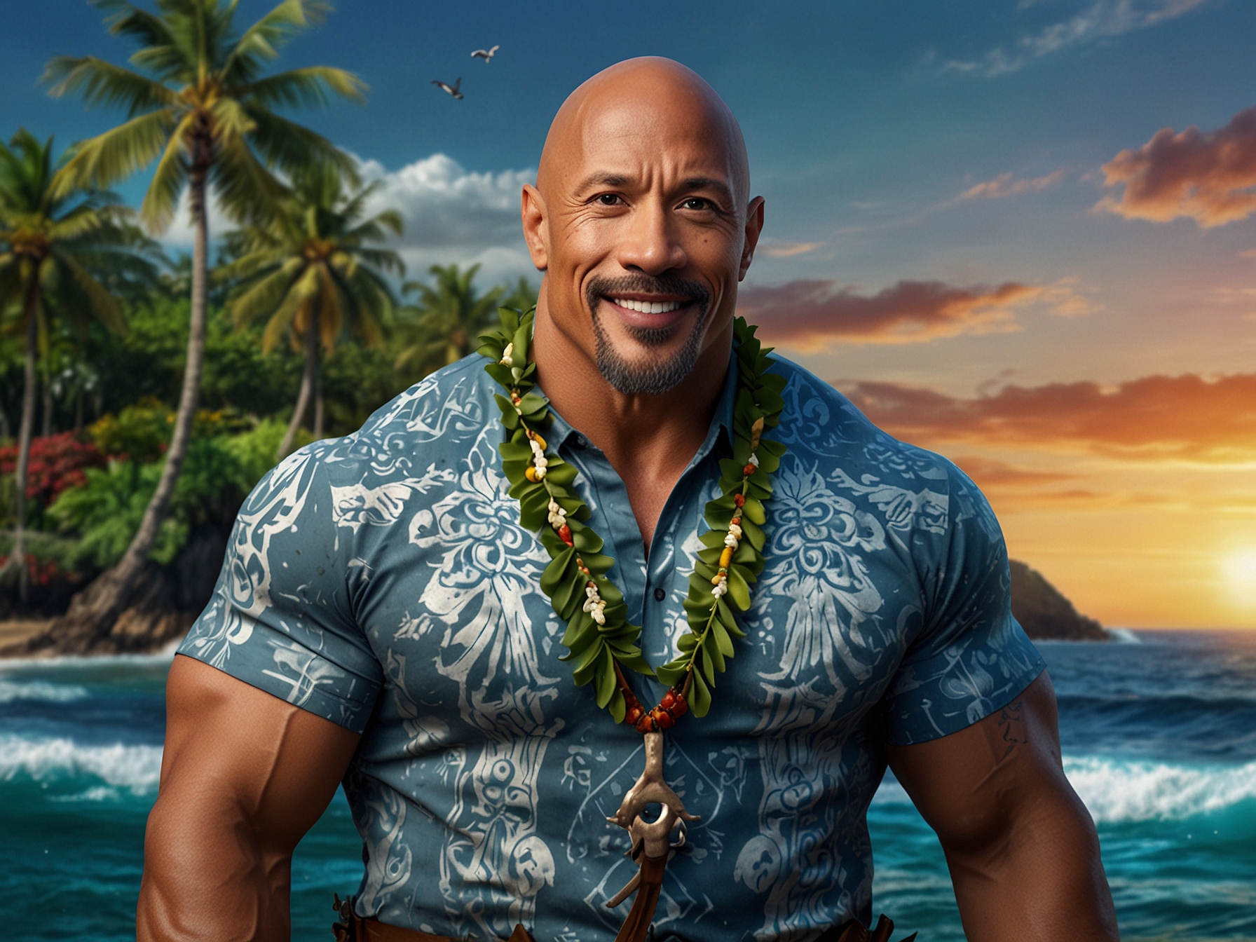 Behind-the-scenes image of the elaborate set design for Moana's live-action film, highlighting the breathtaking ocean views and carefully crafted props, including Maui's massive fish hook.