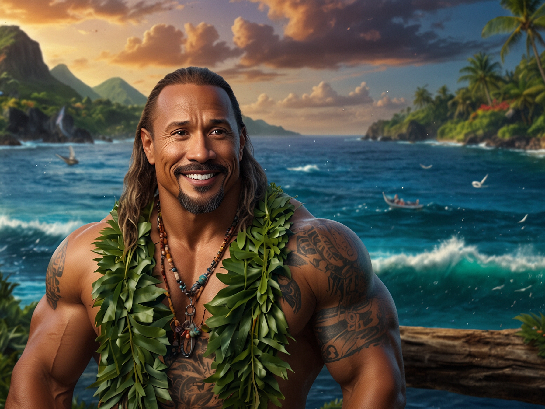 A promotional teaser image of the Moana live-action film featuring Dwayne Johnson, wearing traditional Polynesian attire, embodying the spirit of Maui with a captivating backdrop of the ocean.