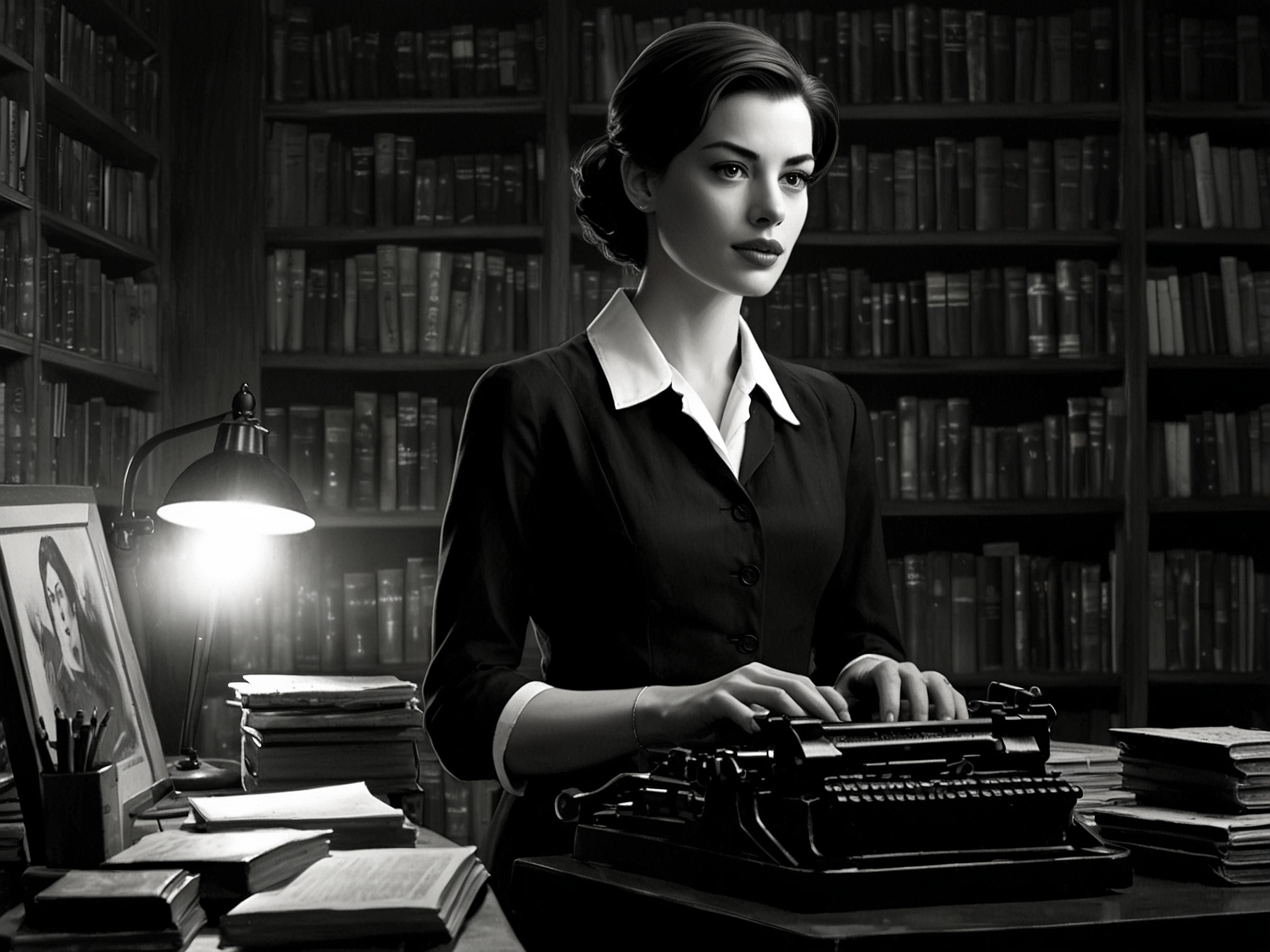 A dramatic still from the film adaptation of Verity, featuring Anne Hathaway as Verity Crawford, surrounded by a dimly lit room filled with books and a typewriter, evoking the movie's mysterious atmosphere.
