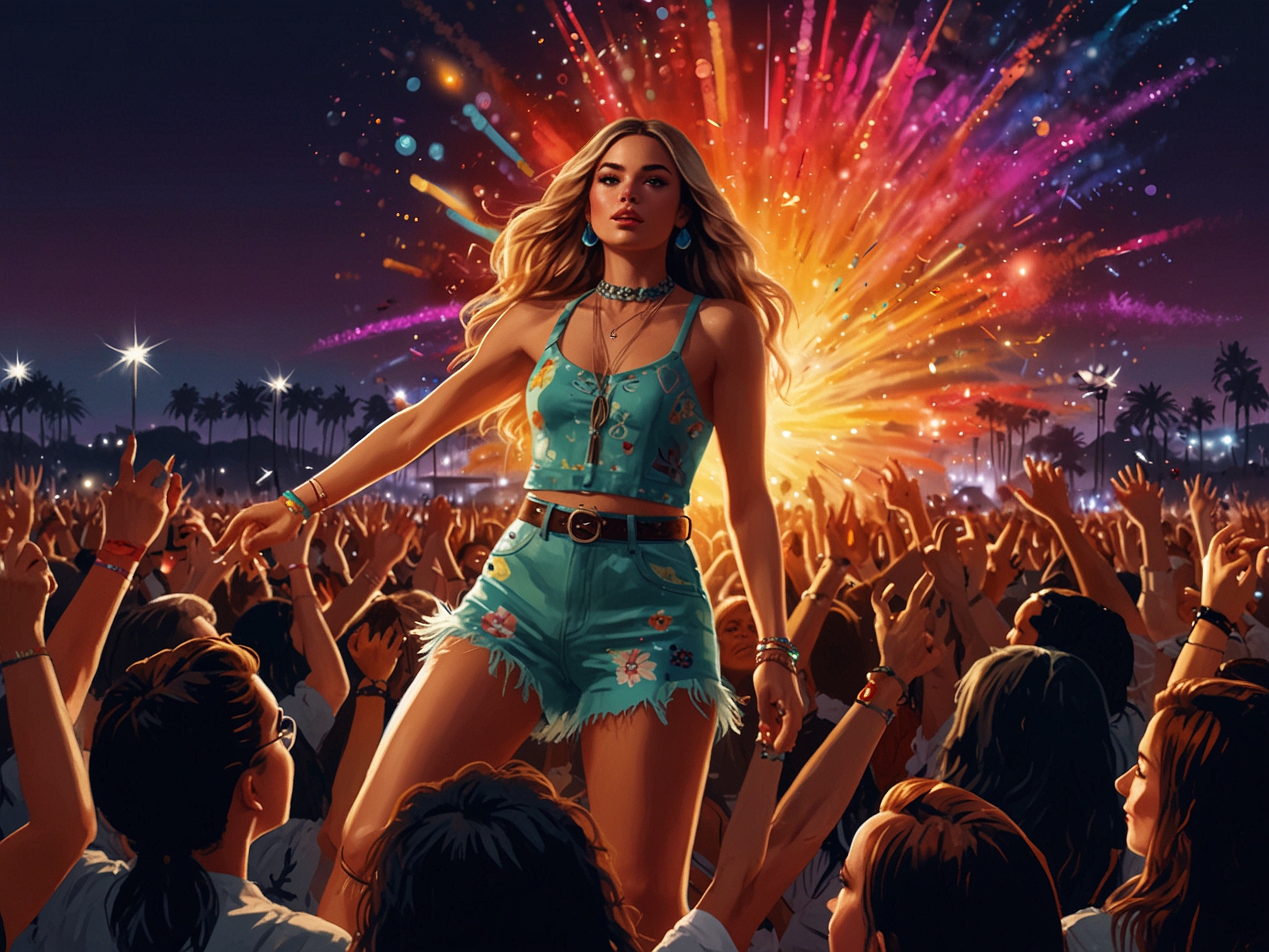 A vibrant scene from Coachella 2025 showcasing Jennie and Lisa performing solo on stage, engaging with the crowd under colorful lights, embodying the excitement of the festival.