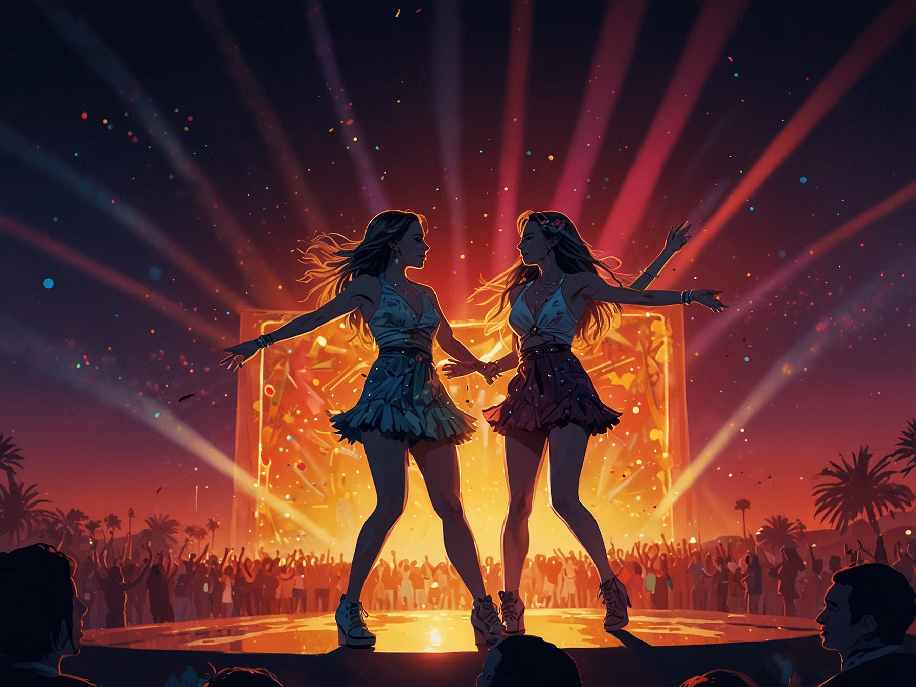Fans at Coachella 2025 waving light sticks and cheering passionately for Jennie and Lisa during their solo performances, capturing the electrifying atmosphere of the festival.
