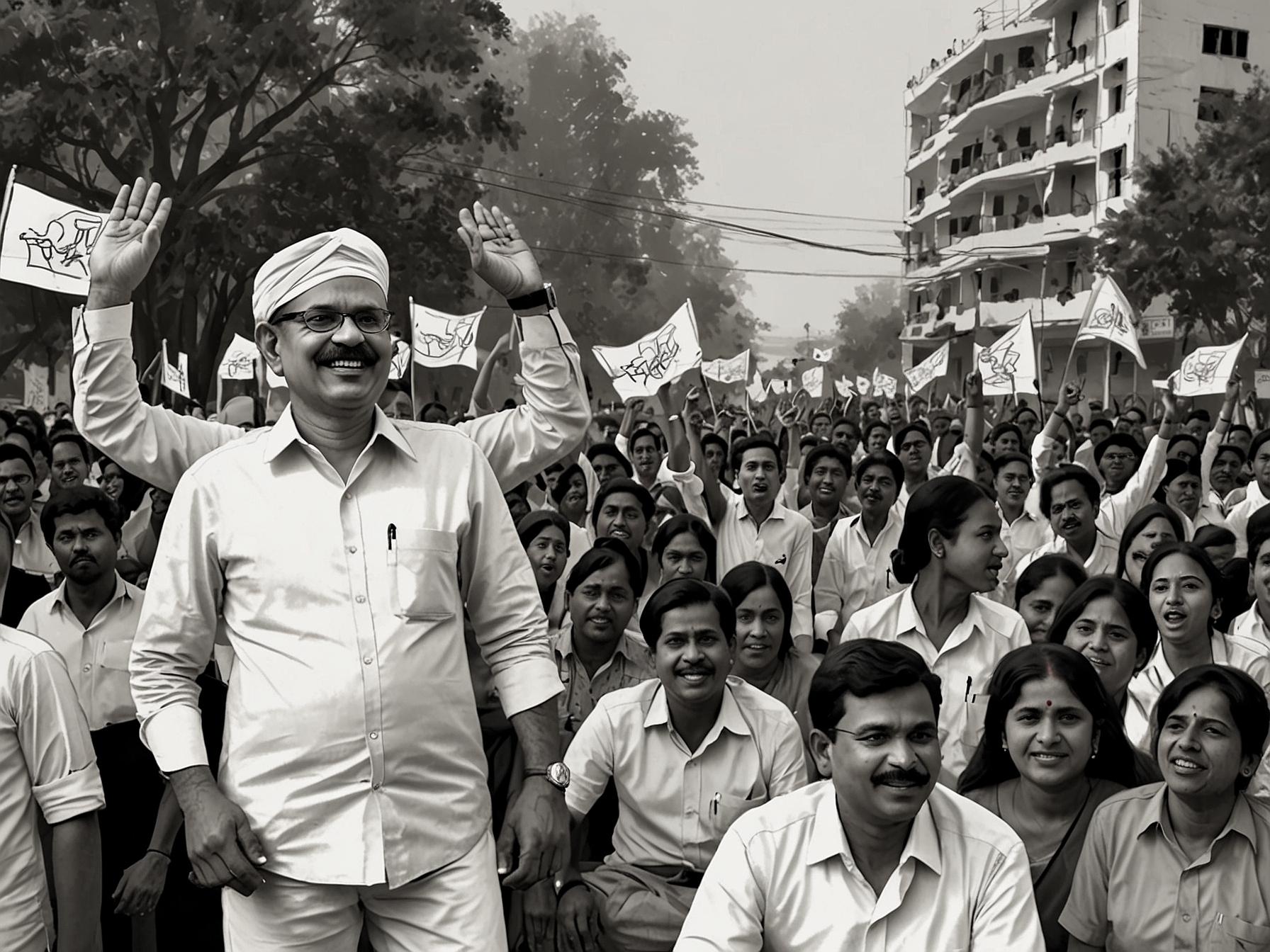 A political rally scene in Maharashtra, showcasing vibrant banners of Mahayuti and Maha Vikas Aghadi, capturing the excitement and tension of the Assembly elections as people gather to voice their opinions.