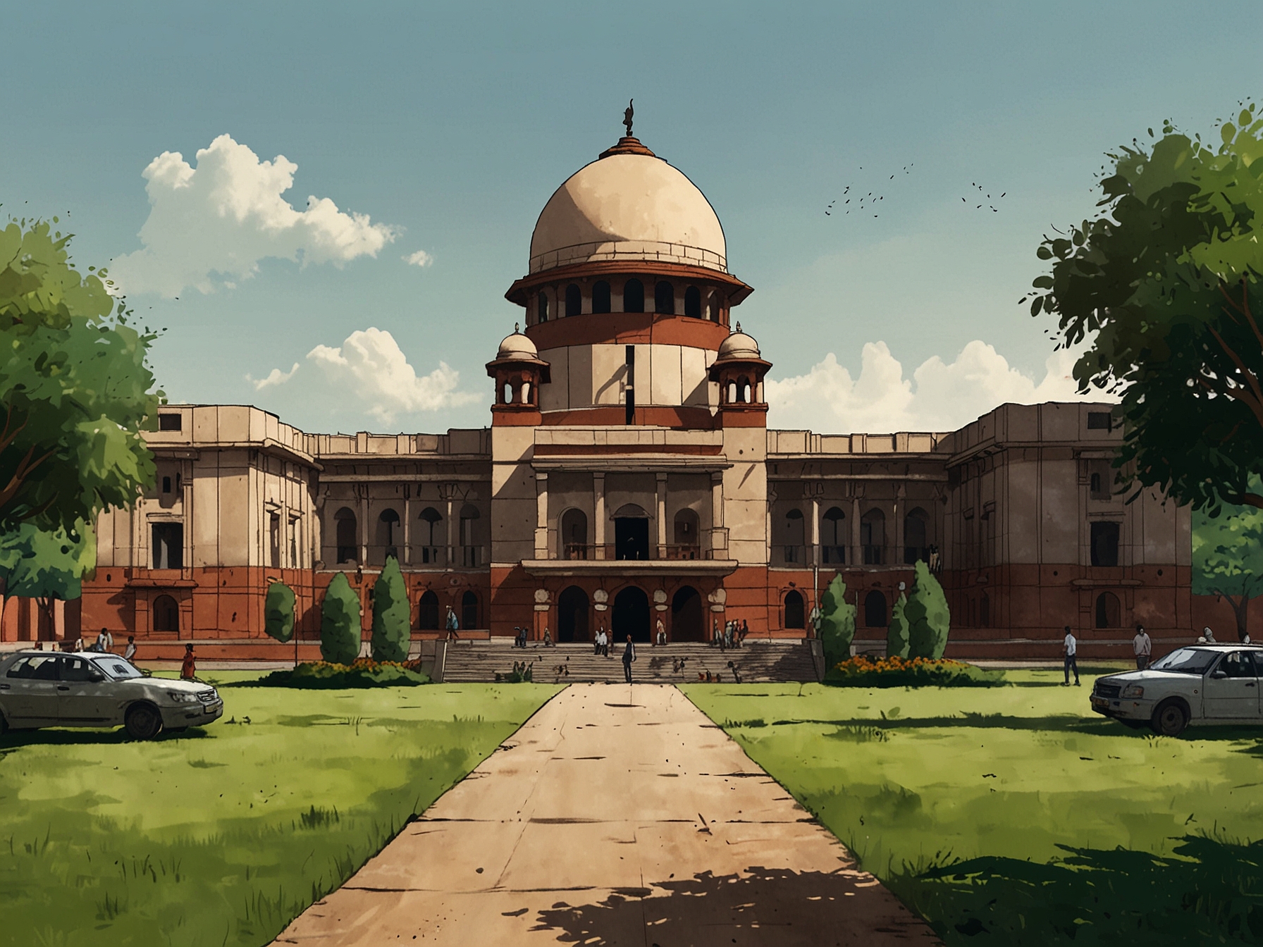 An image of the Delhi High Court building, symbolizing the recent ruling on AIMIM's rights, with a backdrop of lawyers and activists gathered to discuss the implications of the decision.