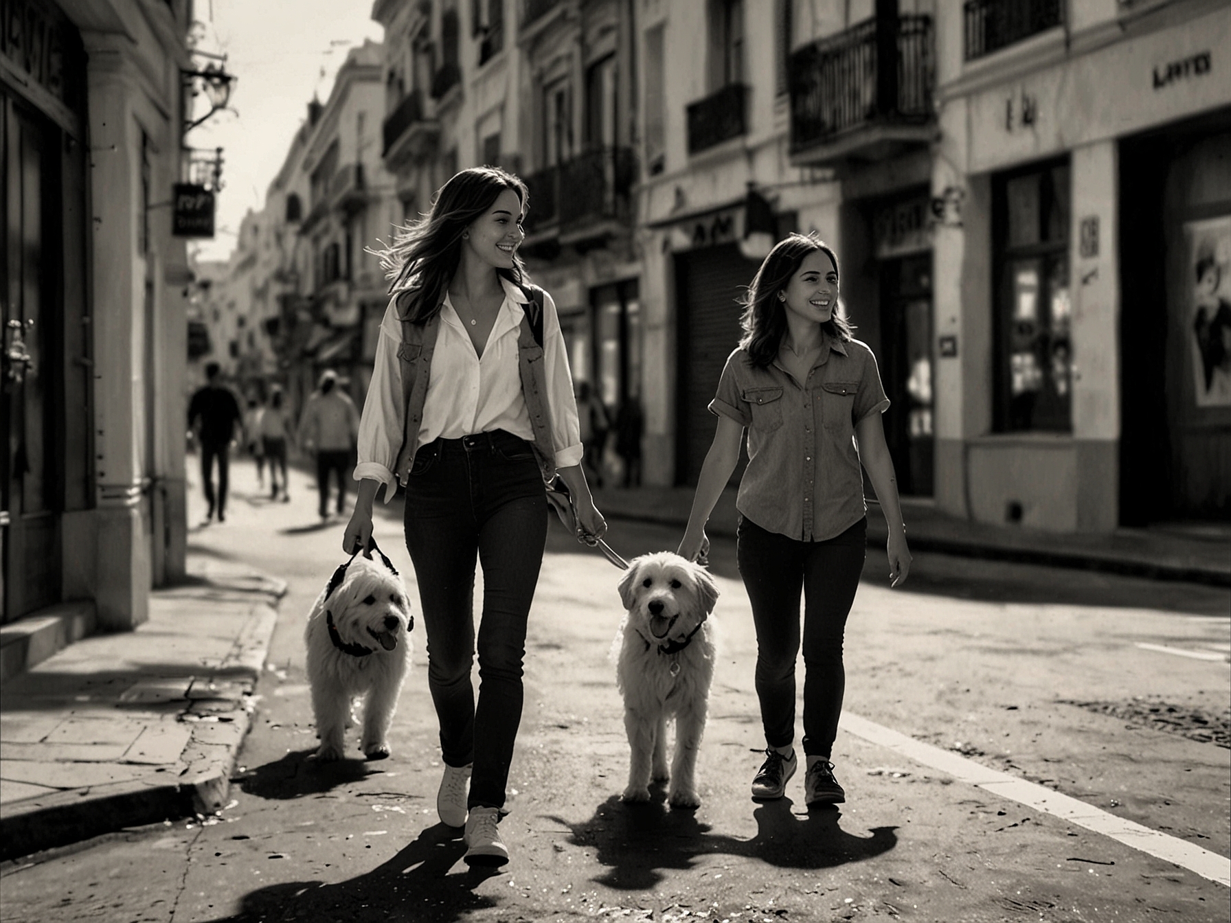A candid photograph of Ana de Armas and Manuel Anido walking together in a picturesque Madrid street, sharing a light moment while holding hands and her dog, exuding warmth and connection.