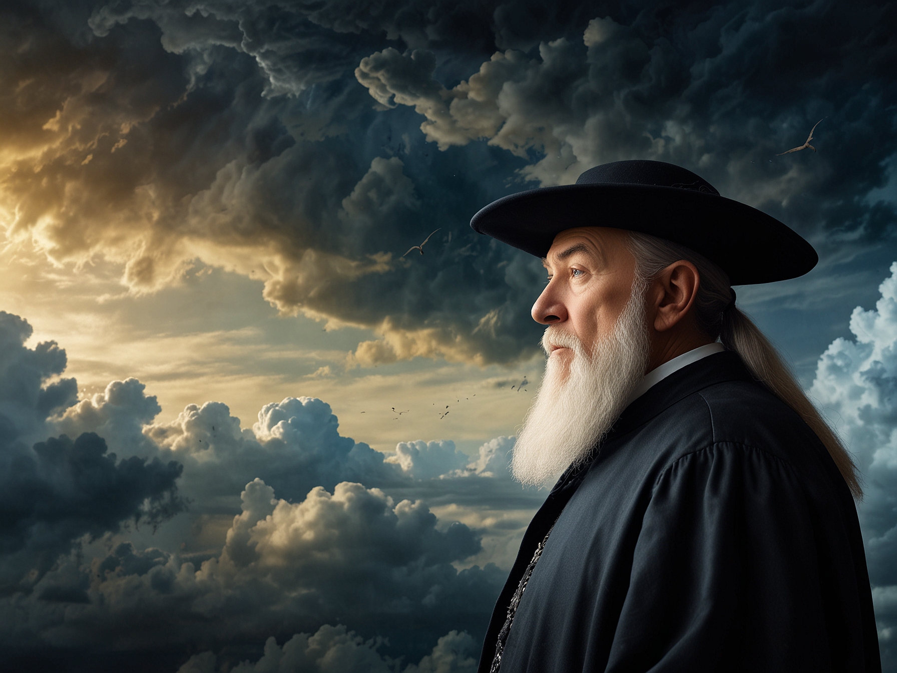 An artistic depiction of Nostradamus gazing into the swirling clouds, with ominous imagery of war, climate disasters, and economic turmoil in the background, symbolizing his predictions for 2025.
