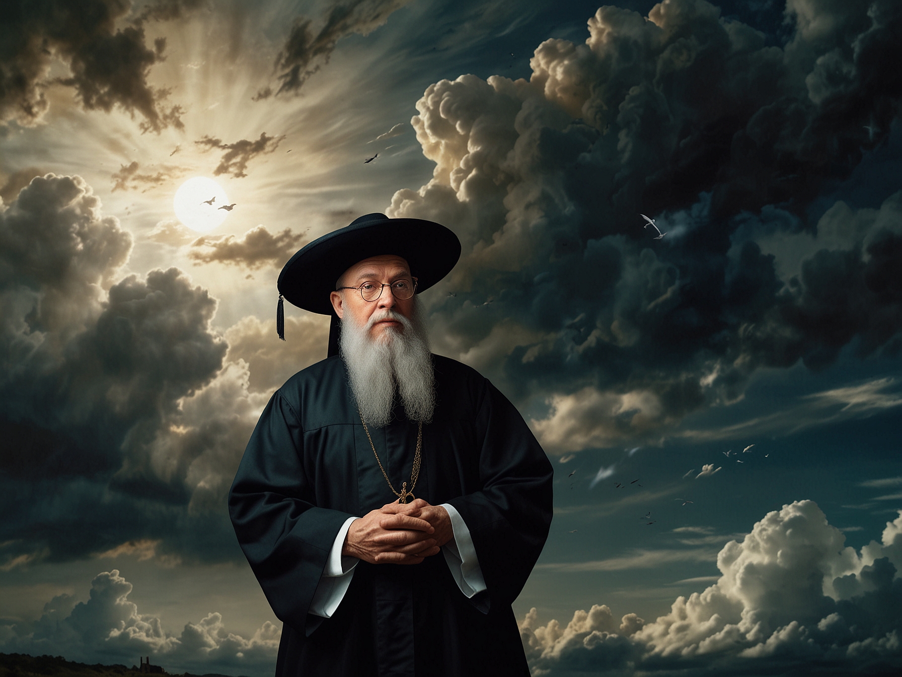 A historical rendering of Nostradamus in the 1500s, surrounded by ancient texts and celestial maps, hinting at his role as a seer of future events and calamities.