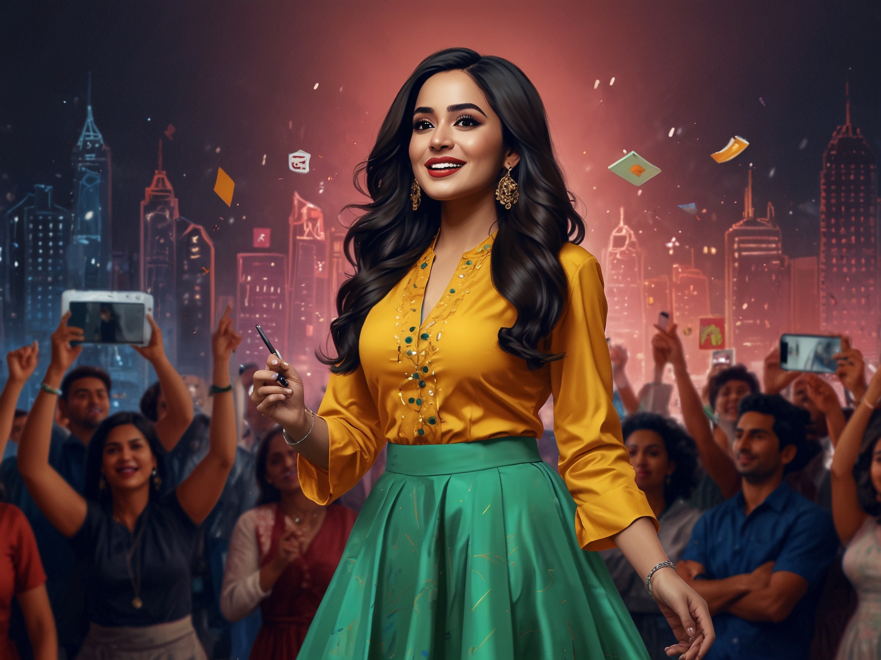 Imsha Rehman confidently performing a lip-sync video, showcasing her elegant attire and vibrant energy as she captivates her audience amidst the backdrop of a digital landscape.
