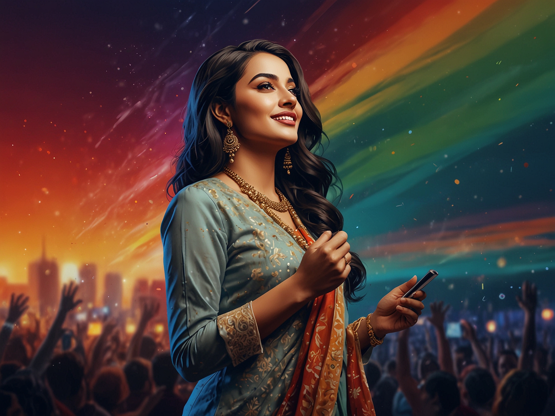 A split-screen of Imsha Rehman before and after the controversy, revealing a transformation from a distressed state to a confident performer, symbolizing resilience in the face of adversity.
