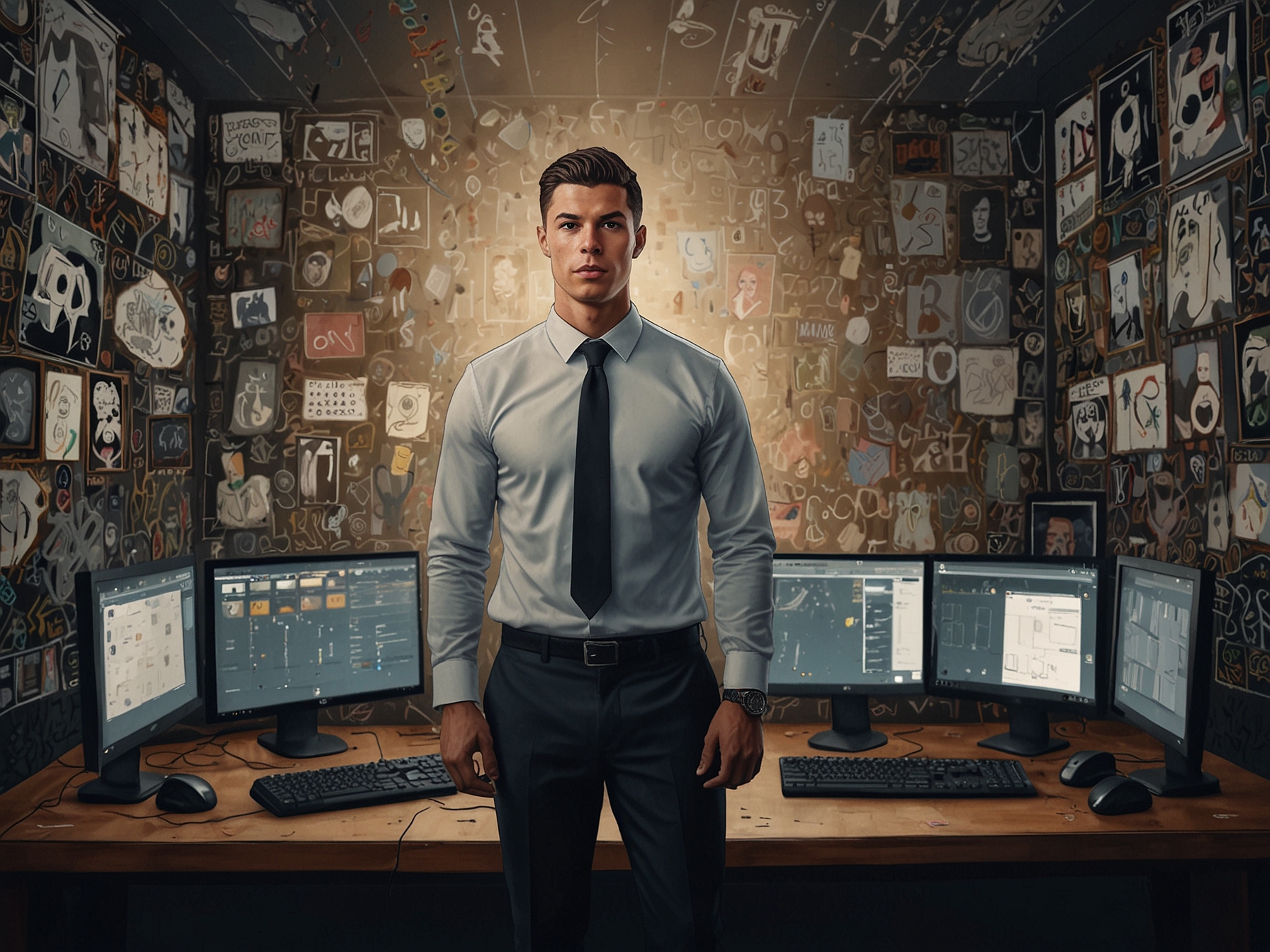 An illustration of Cristiano Ronaldo and MrBeast standing together, surrounded by elements representing their massive online followings, including social media icons and view counters.