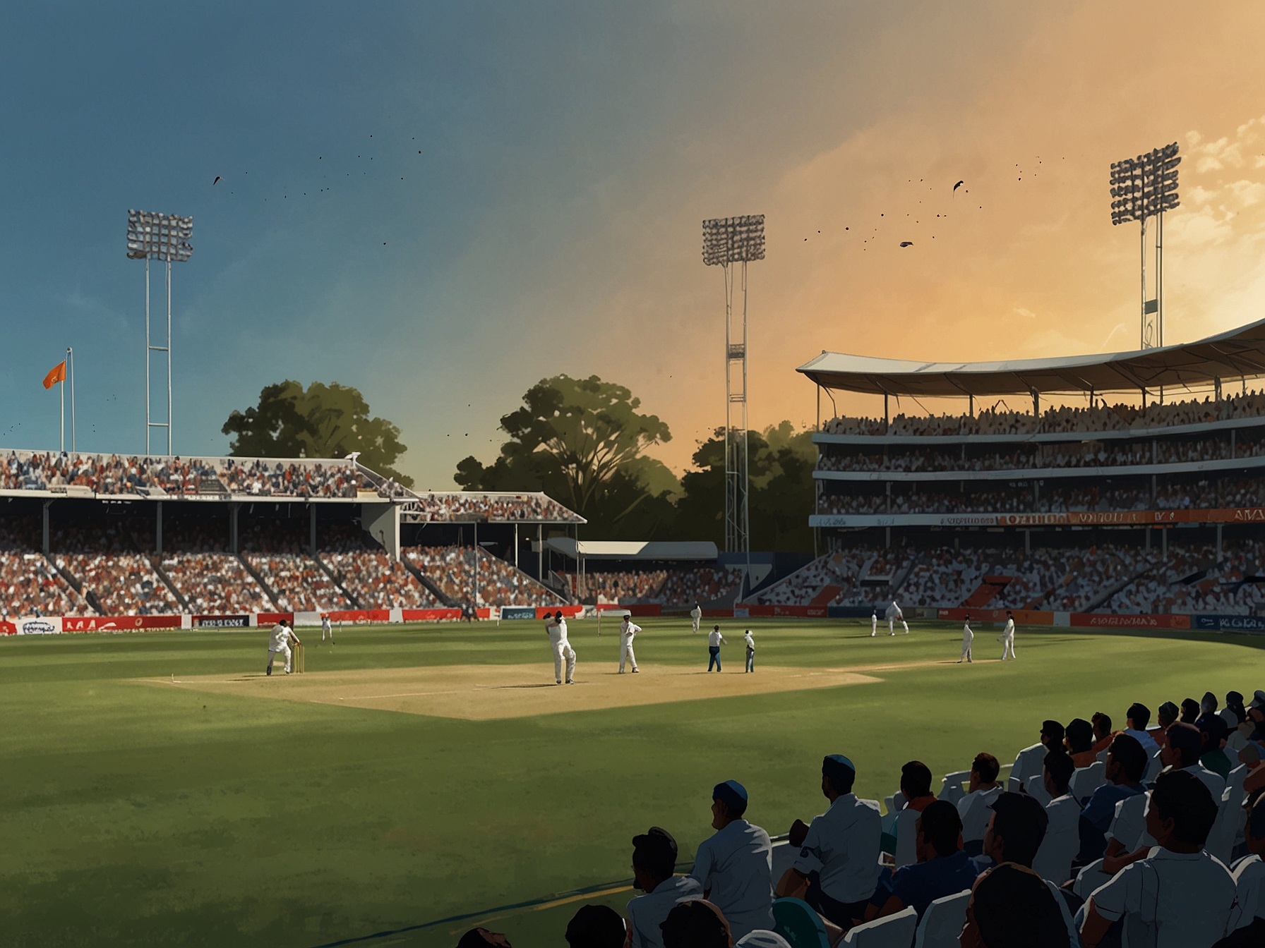 A tense moment on the cricket field as India's young talents, including Nitish Reddy and Harshit Rana, face Australia's seasoned players under the Perth sun, with fans eagerly watching from the stands.