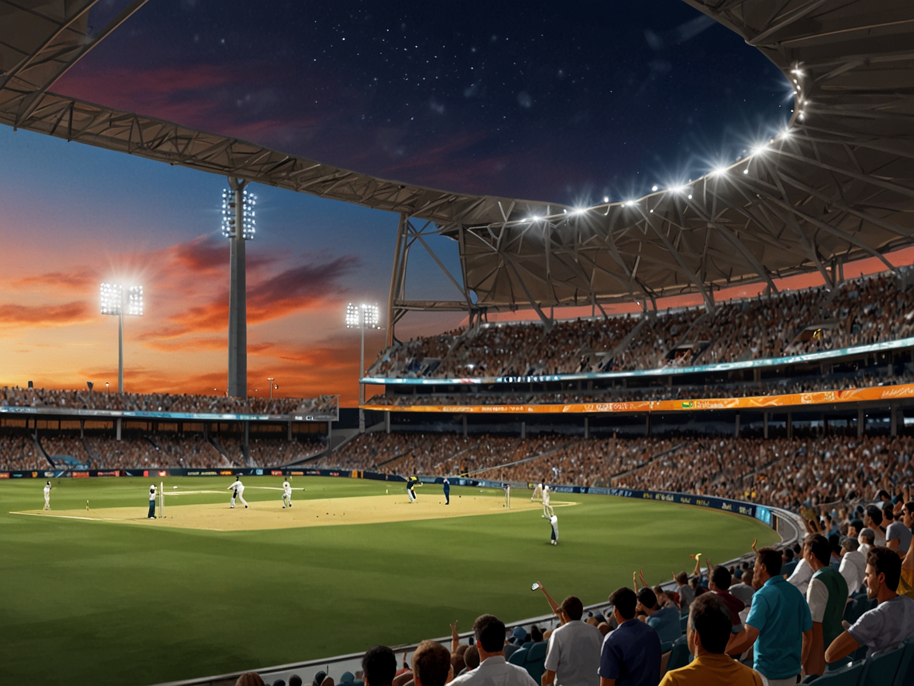 An intense cricket match scene featuring Indian and Australian players in action at OPTUS Stadium, with fans cheering in the stands and a vibrant atmosphere showcasing the rivalry's historic passion.