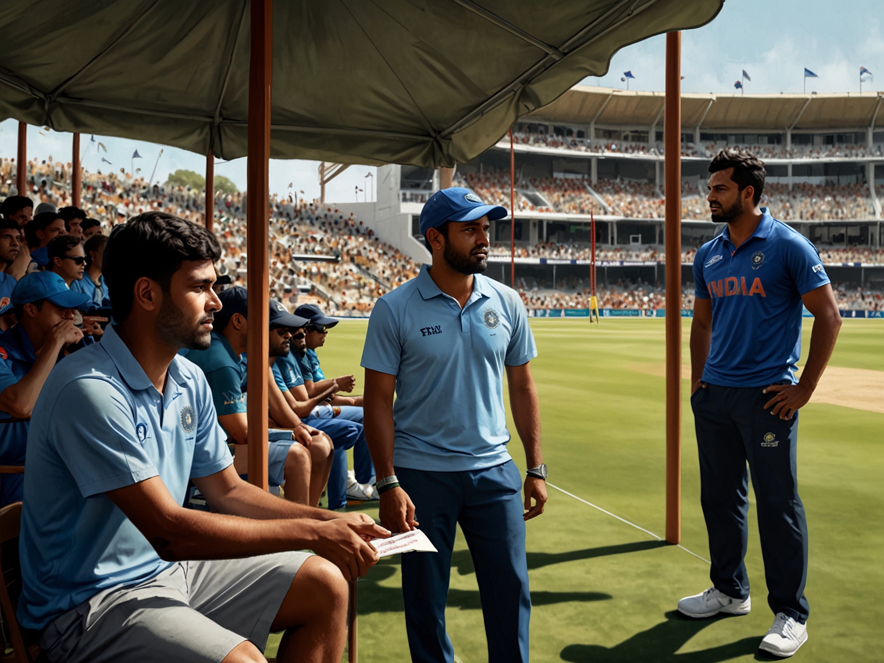 The iconic Perth stadium filled with excited fans, flags waving, as India and Australia battle it out for supremacy in the Border-Gavaskar Trophy, showcasing the intensity of Test cricket.