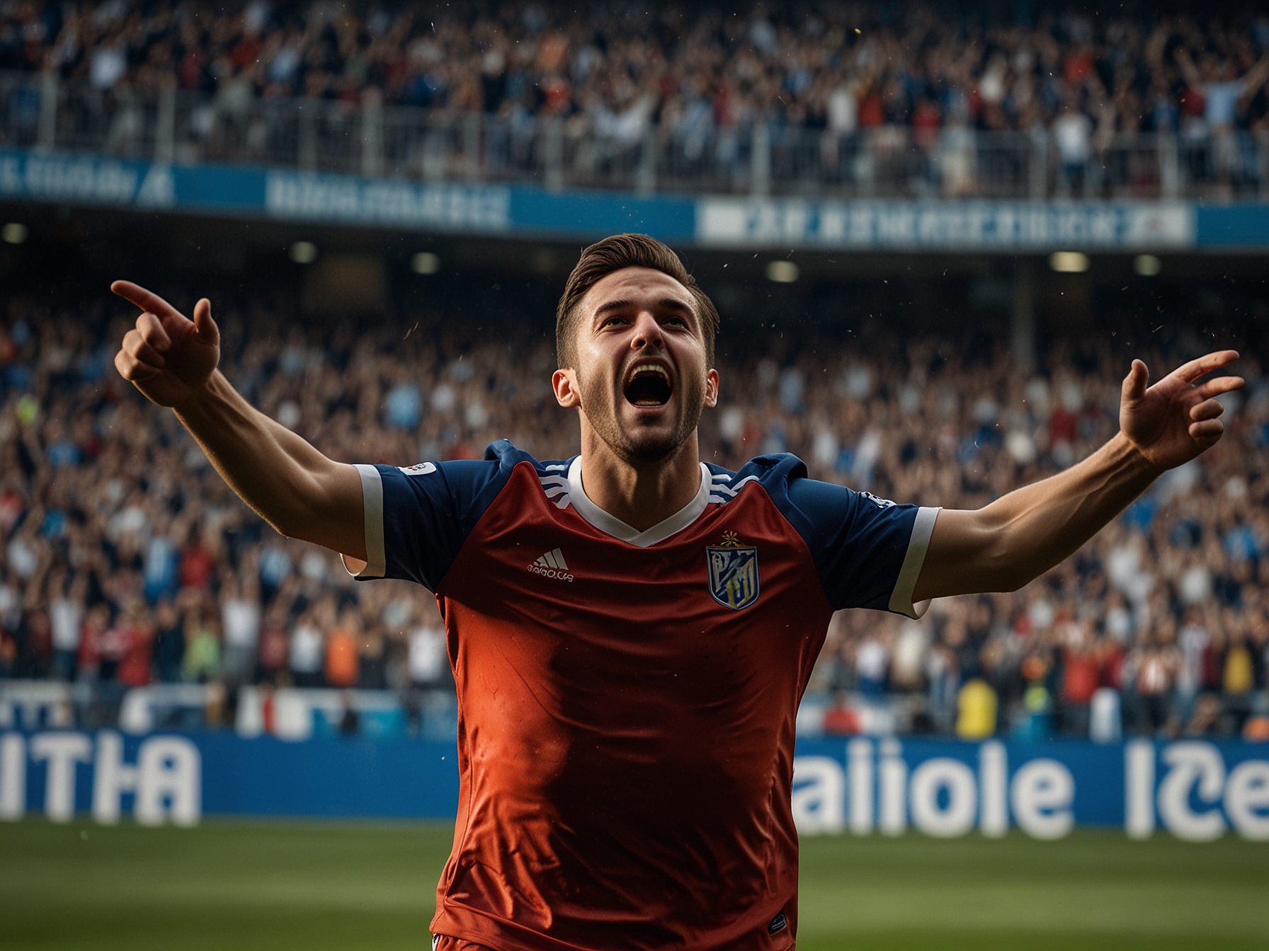 A dynamic shot of Barrenetxea celebrating after scoring a goal during the Copa del Rey match, surrounded by ecstatic fans in Real Sociedad jerseys, showcasing the joy of youth success.