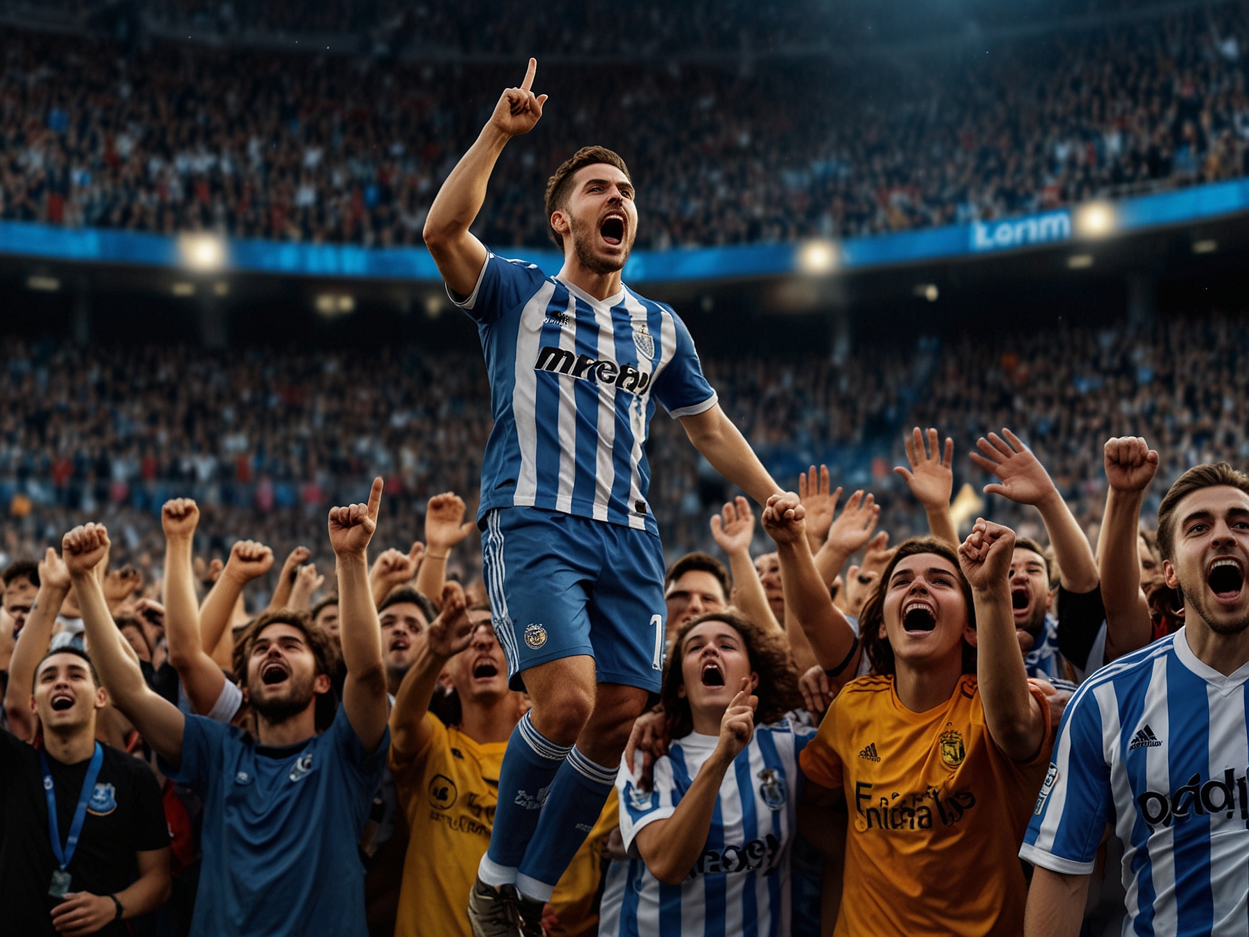 An action-packed moment of the Real Sociedad team on the pitch, featuring young players in blue and white kits displaying teamwork and determination against Jove Español in the Copa del Rey.