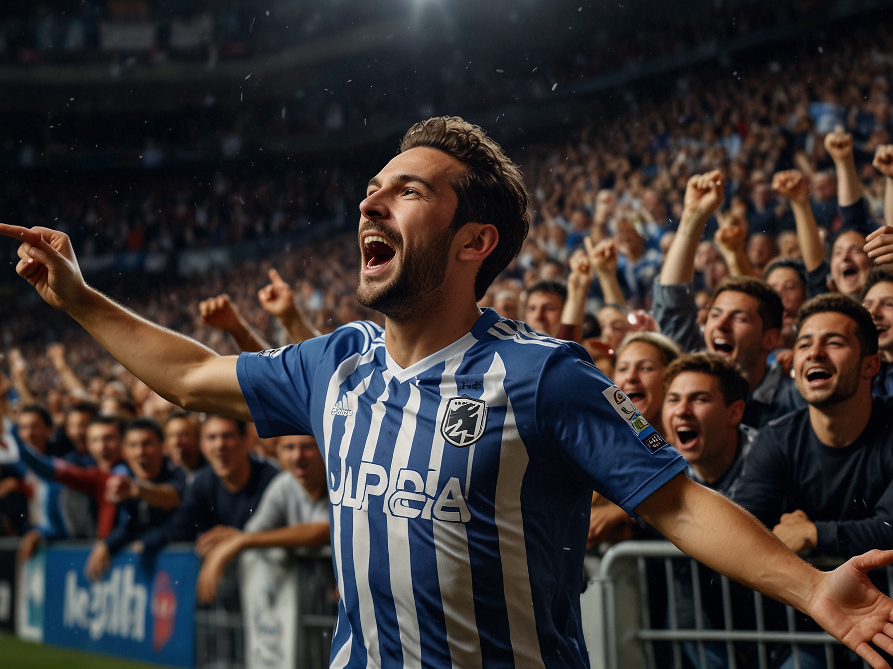 A panoramic view of the stadium filled with passionate Real Sociedad supporters waving flags and cheering, symbolizing the unity and excitement surrounding the young team's achievements.