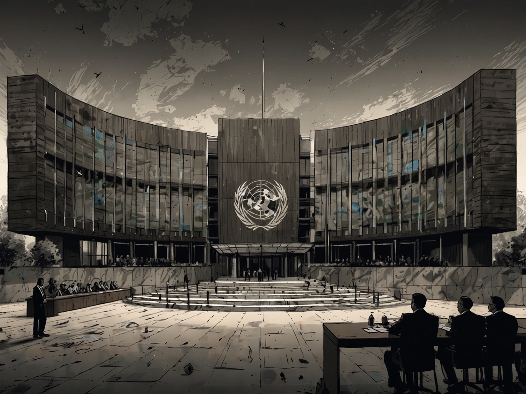 A symbolic image of the International Criminal Court building, emphasizing its role in legal matters and international justice, set against a backdrop of a troubled world map highlighting conflict zones.