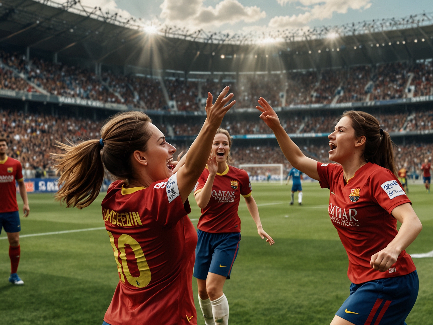 An intense football match scene showing St Polten and Barcelona Women players competing fiercely for the ball, with fans cheering passionately in the background.
