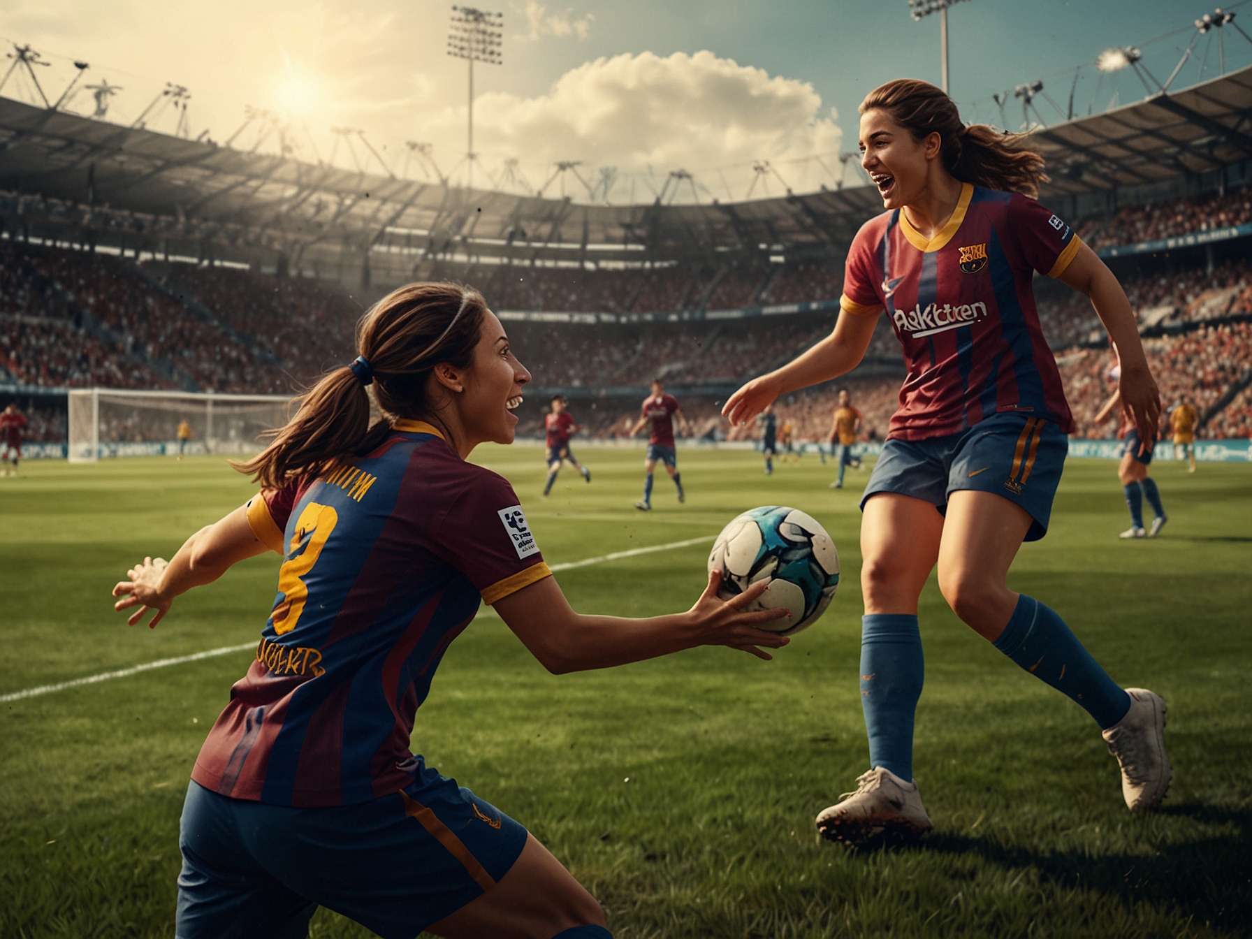 Barcelona Women players celebrating a goal together, displaying their teamwork and confidence, illustrating their dominant form in the tournament.