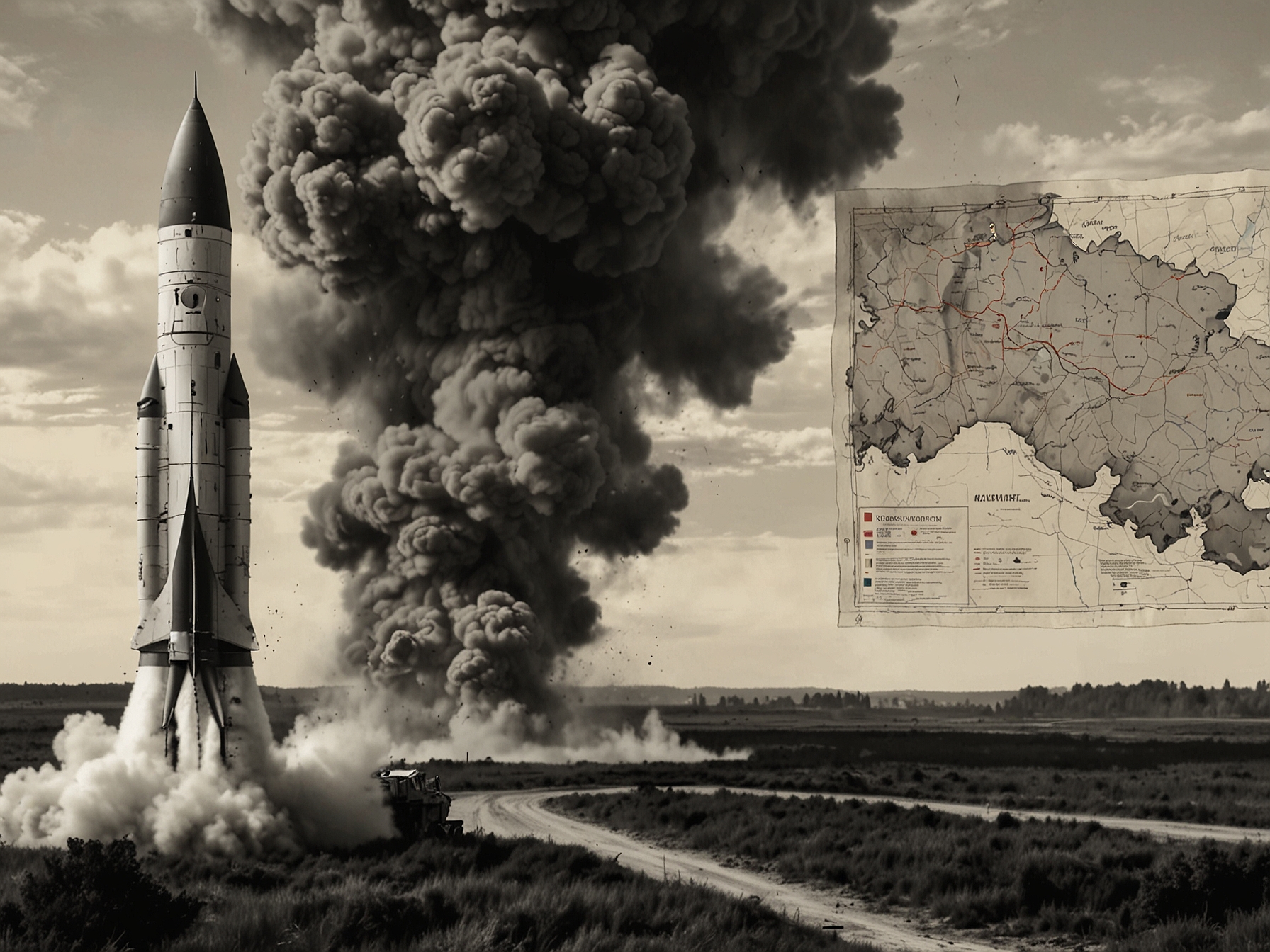 A tense scene showing a missile launch in Russia against a backdrop of a map of Ukraine highlighting the Dnipro region. Smoke and flames are visible, encapsulating the gravity of the situation.