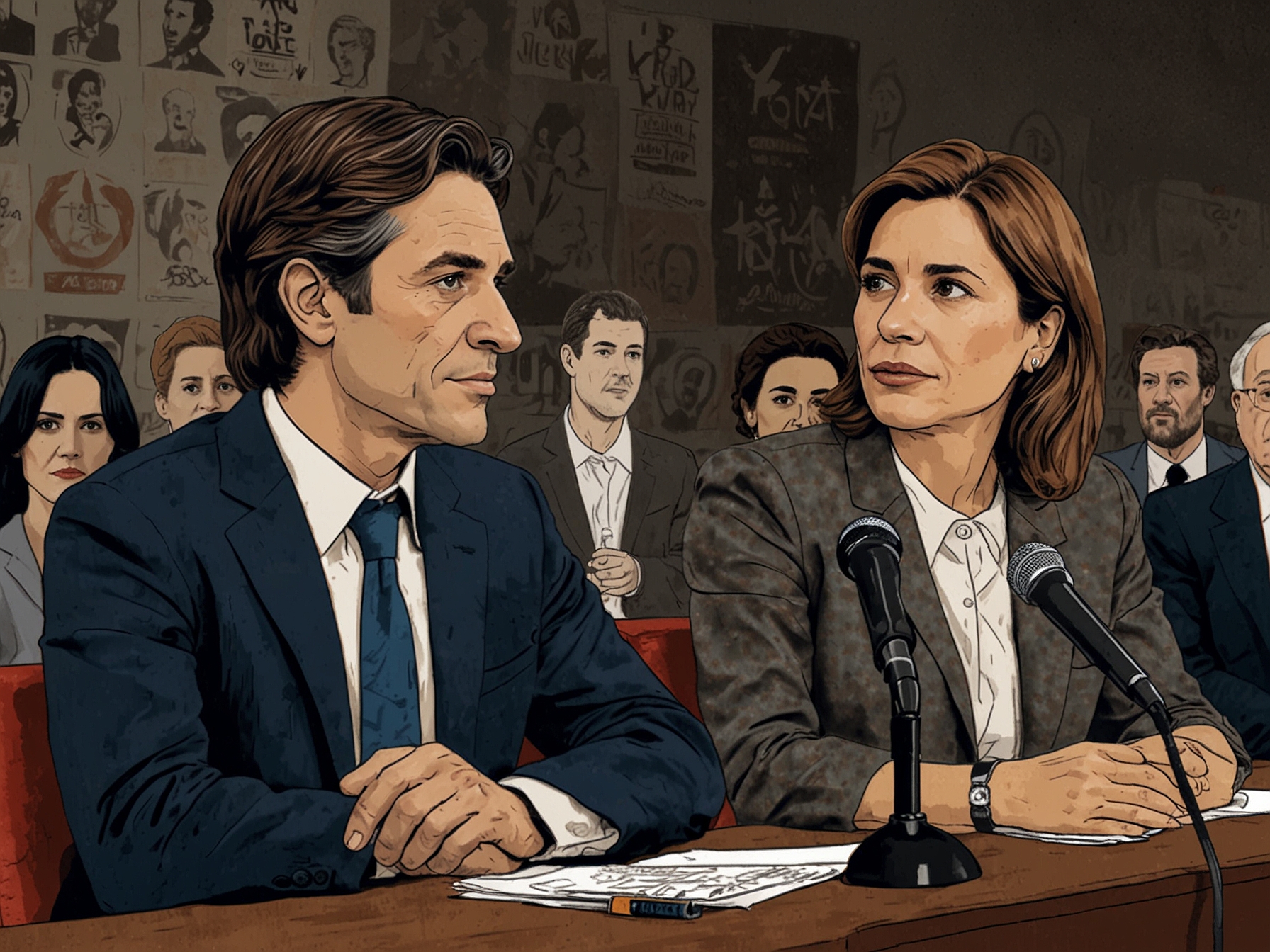 An illustration of Javier Milei and Victoria Villarruel at a press conference, showcasing their tense body language, surrounded by media and political banners, highlighting the brewing conflict between them.
