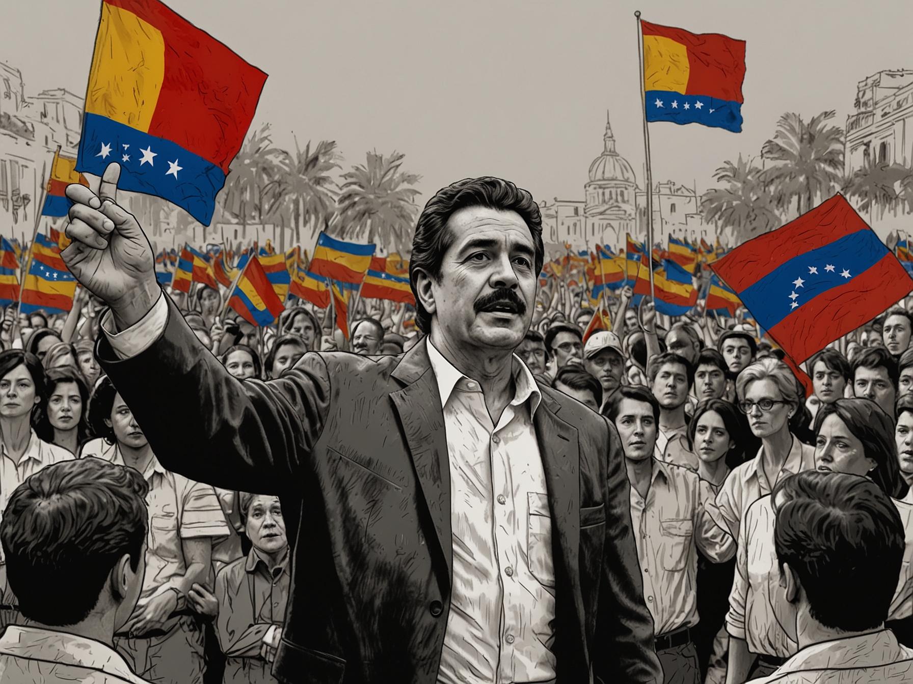 A determined Edmundo González speaking at a rally, surrounded by supporters holding Venezuelan flags, symbolizing hope and resilience in the fight against Maduro's regime.