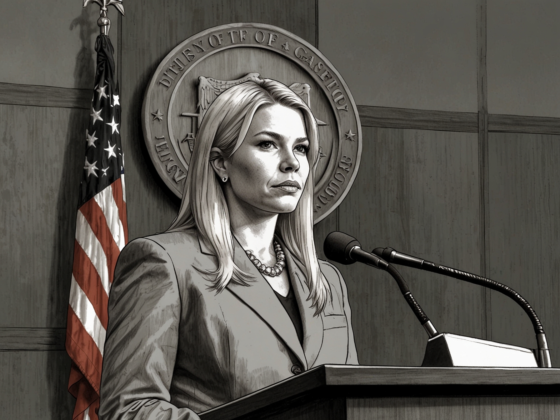 An illustration showing Pam Bondi standing confidently at a podium with the U.S. Department of Justice emblem in the background, symbolizing her nomination as Attorney General.