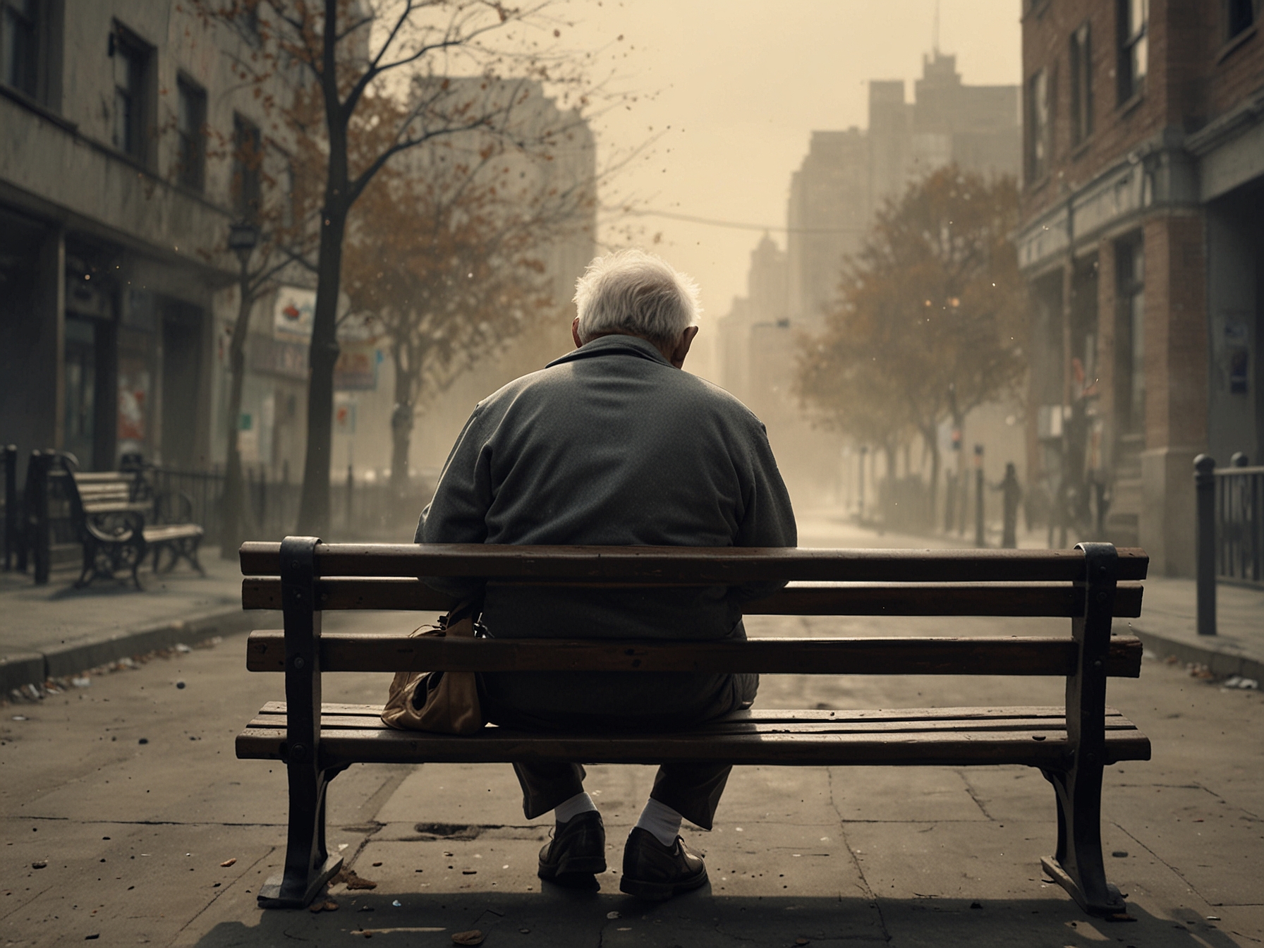 An elderly man wearing a mask sits on a bench outside, showing visible signs of exhaustion and despair amid a haze of smog enveloping the city.