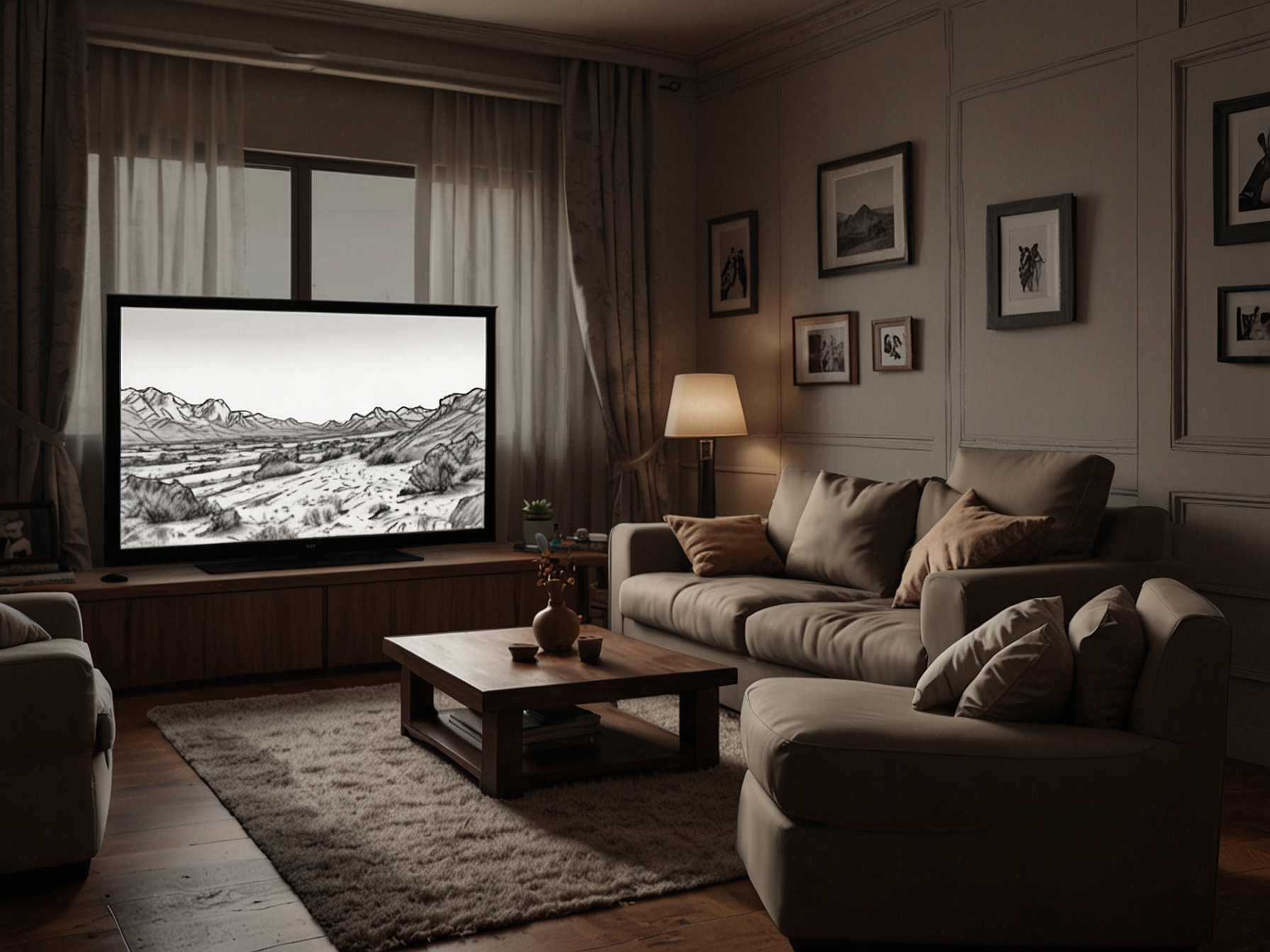 A serene living room setup with a cozy couch draped in a warm blanket, a bowl of popcorn on a table, and a TV screen displaying scenes from 'Dune: Prophecy' and 'Yeh Kaali Kaali Ankhein.'