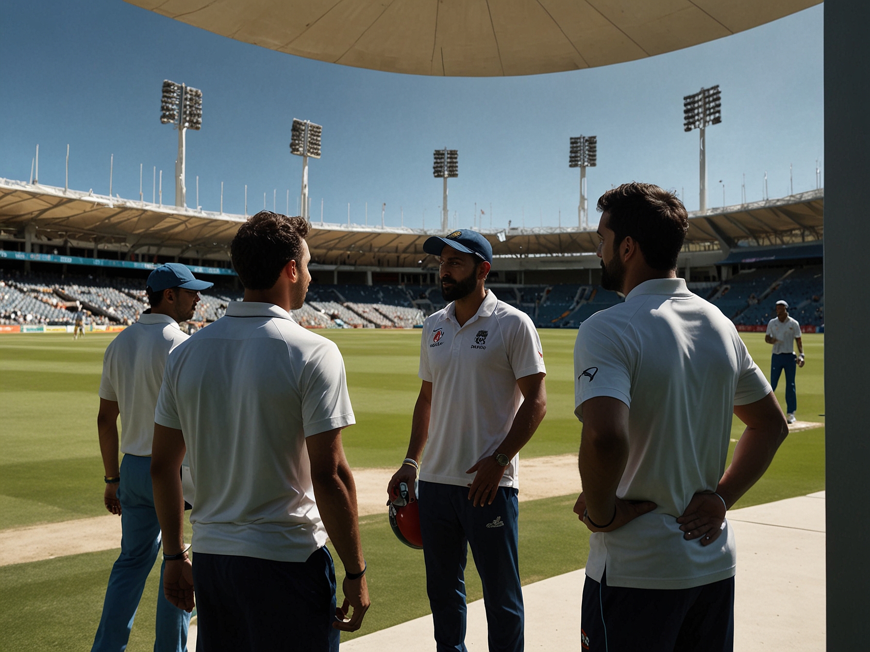 Rohit Sharma and Shubman Gill discussing strategies on the field, symbolizing the critical leadership and teamwork required from India's cricket squad during their upcoming Test series.