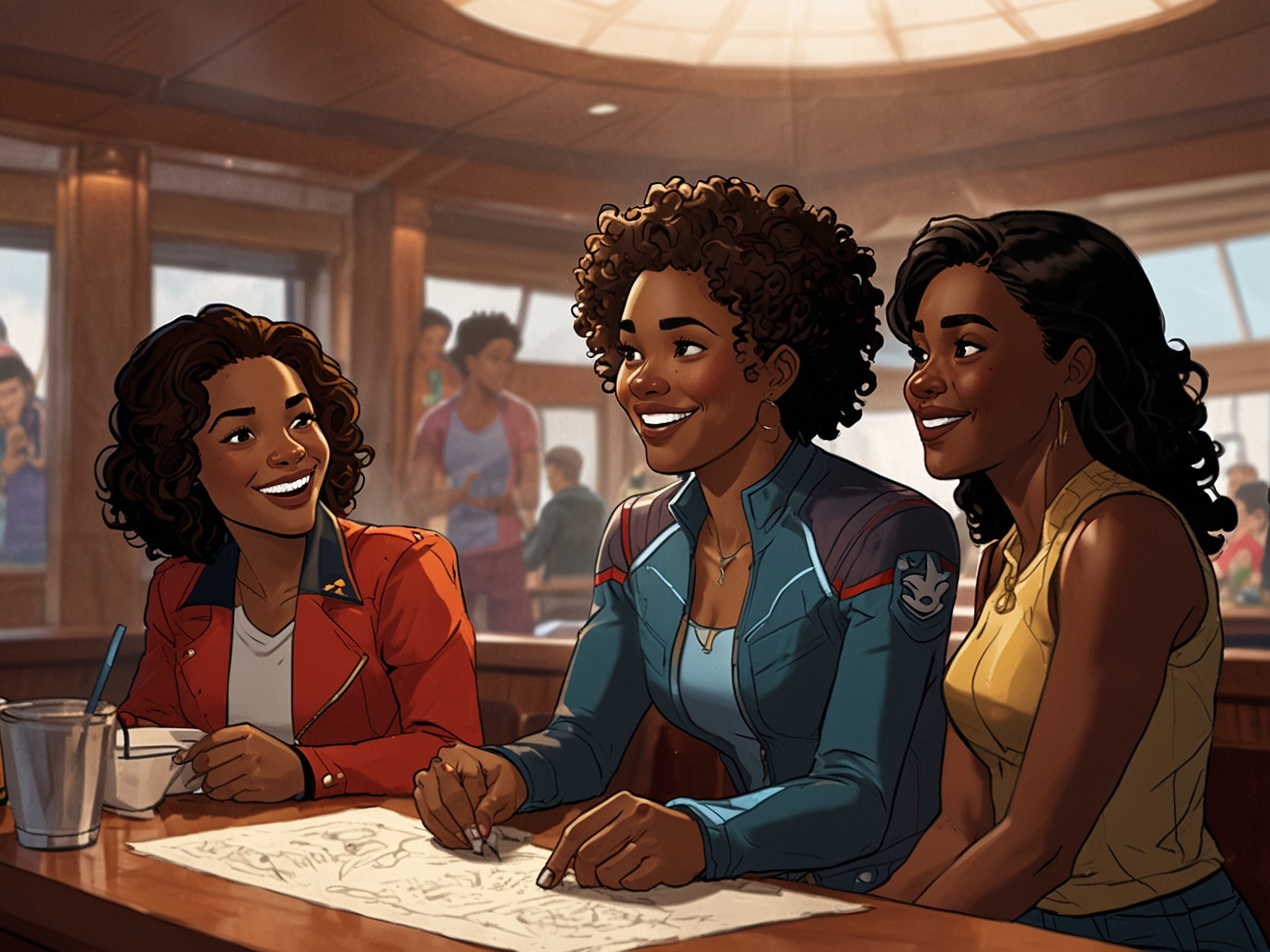An animated scene from the Disney cruise ship showcasing the Young Avengers including Cassie Lang, America Chavez, and Riri Williams' Ironheart celebrating together, emphasizing their camaraderie and joy.