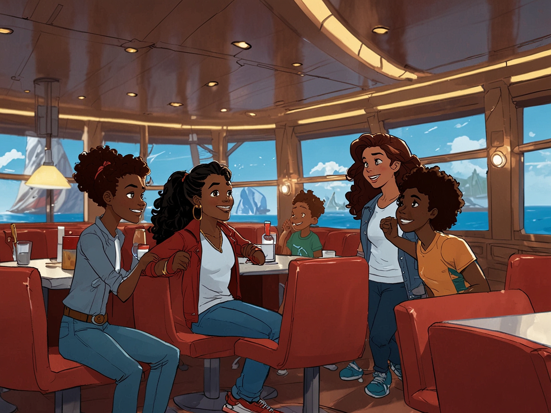 A colorful illustration depicting the Young Avengers enjoying a festive moment onboard a Disney cruise ship, representing hope for future Marvel storylines.
