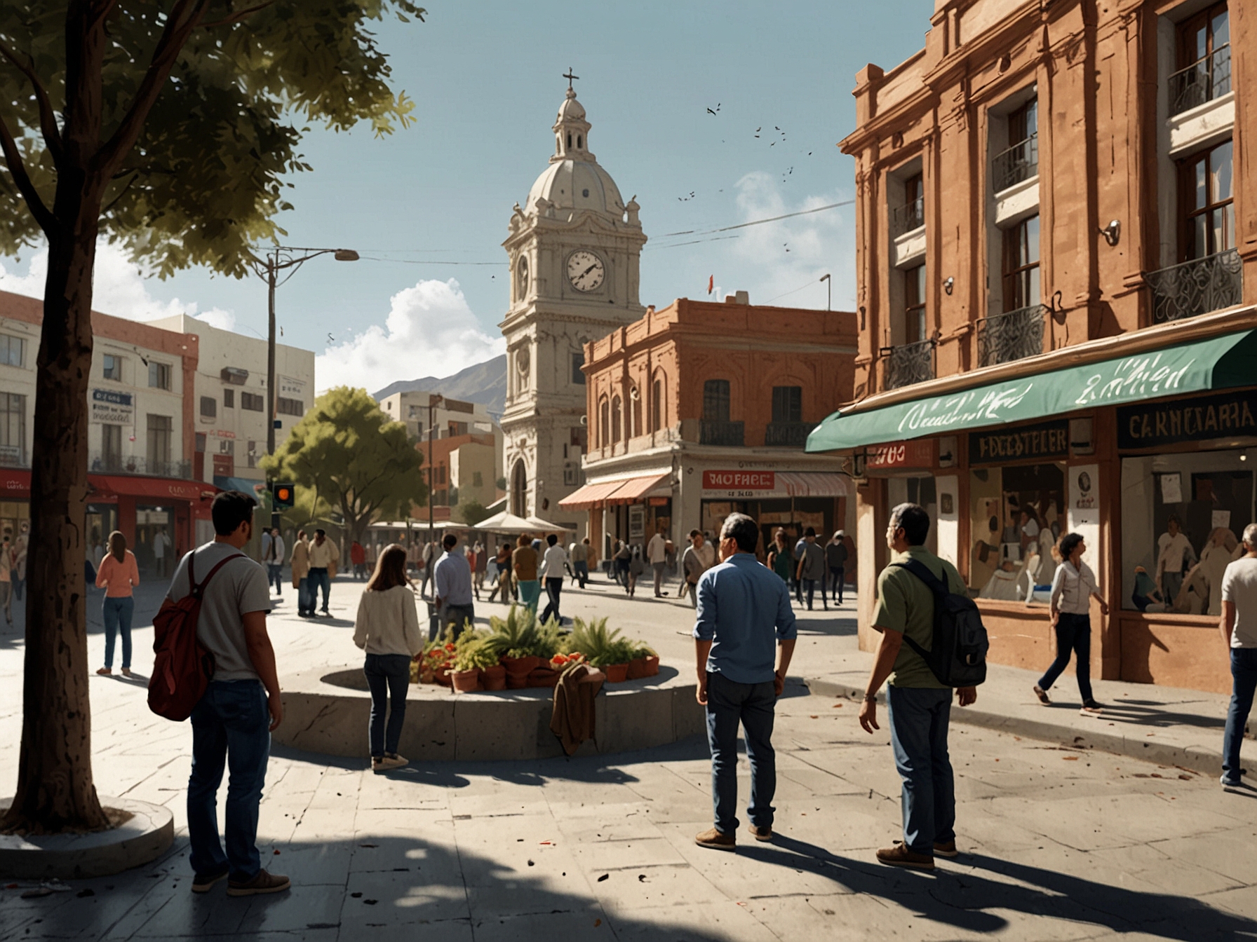 A bustling Chilean town square with people discussing the upcoming elections, store signs indicating closures, and a visible election poster in the background. The atmosphere reflects civic engagement and anticipation.