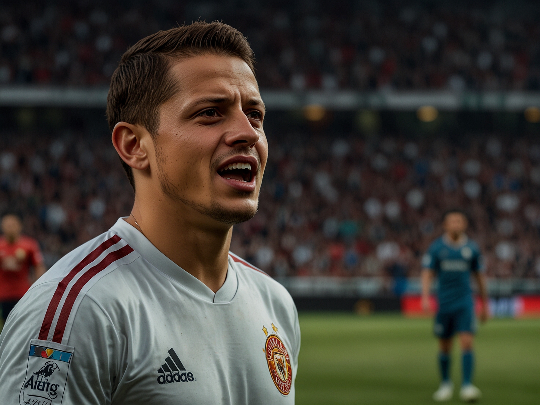 Javier 'Chicharito' Hernández passionately addresses his teammates on the field, his expression reflecting determination and the weight of the upcoming match against Atlas in the background.