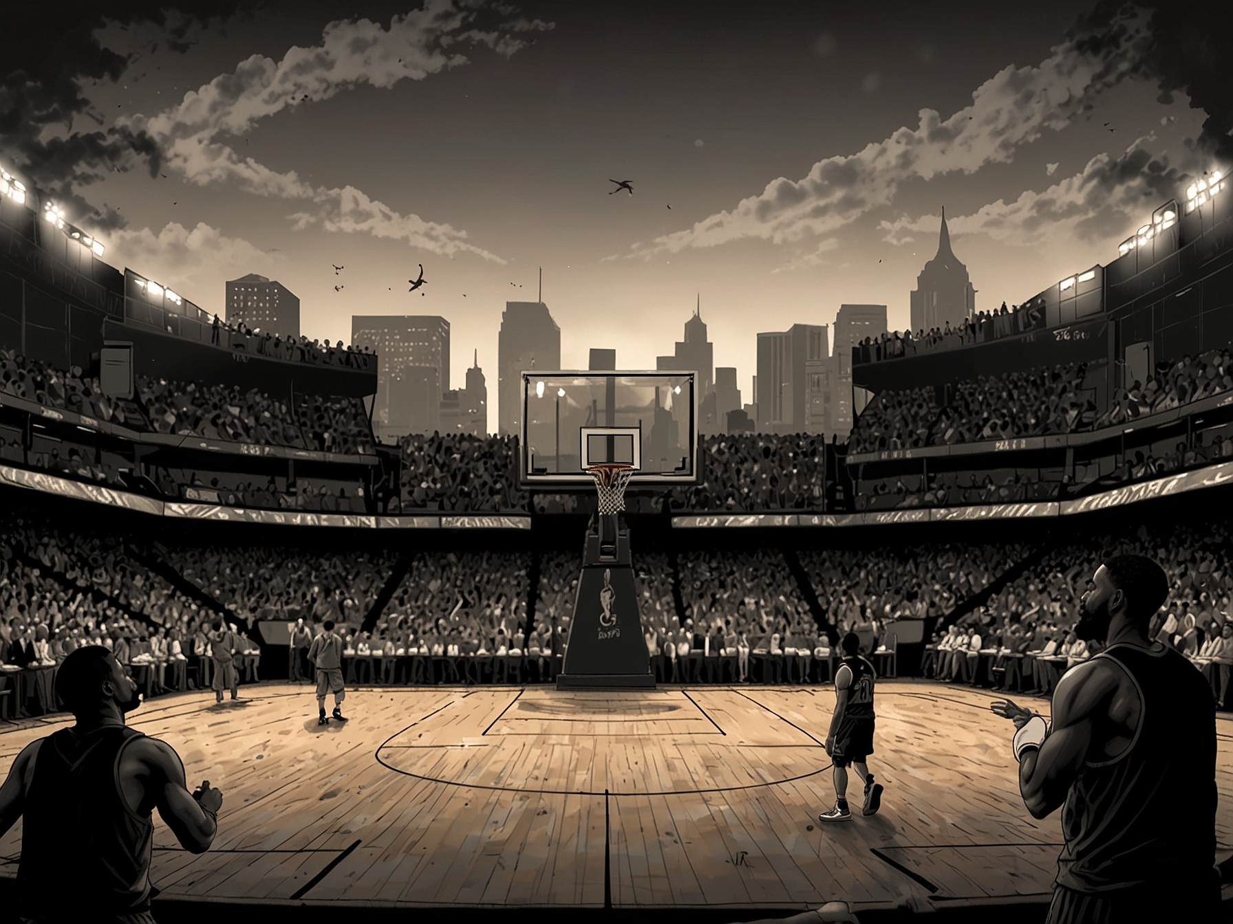 An image showing an NBA basketball court contrasted with protests against human rights violations, symbolizing the tension between sports and social responsibility.