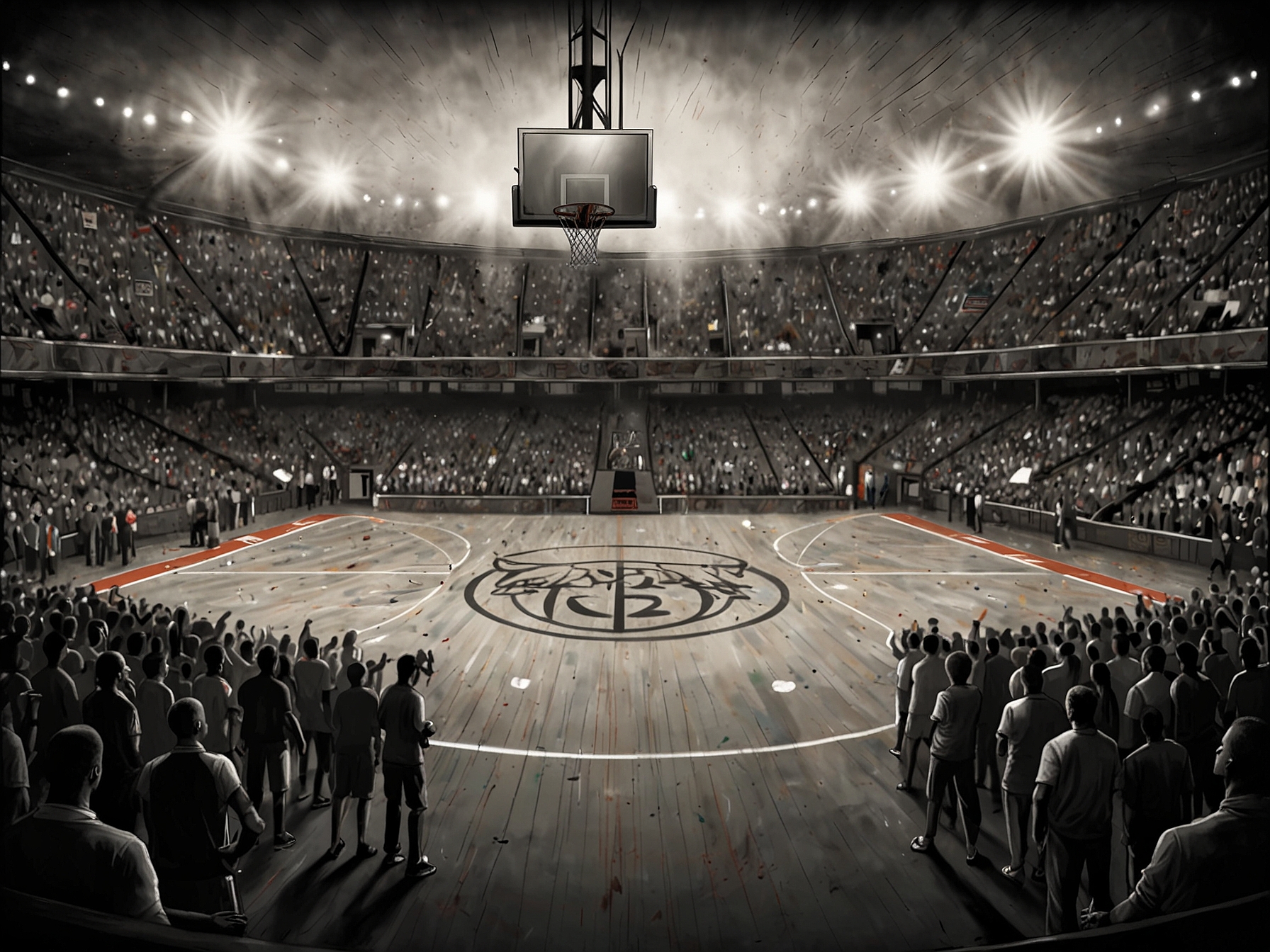 A visual representation of NBA players warming up in Abu Dhabi with banners highlighting human rights issues in the backdrop, reflecting the controversy.