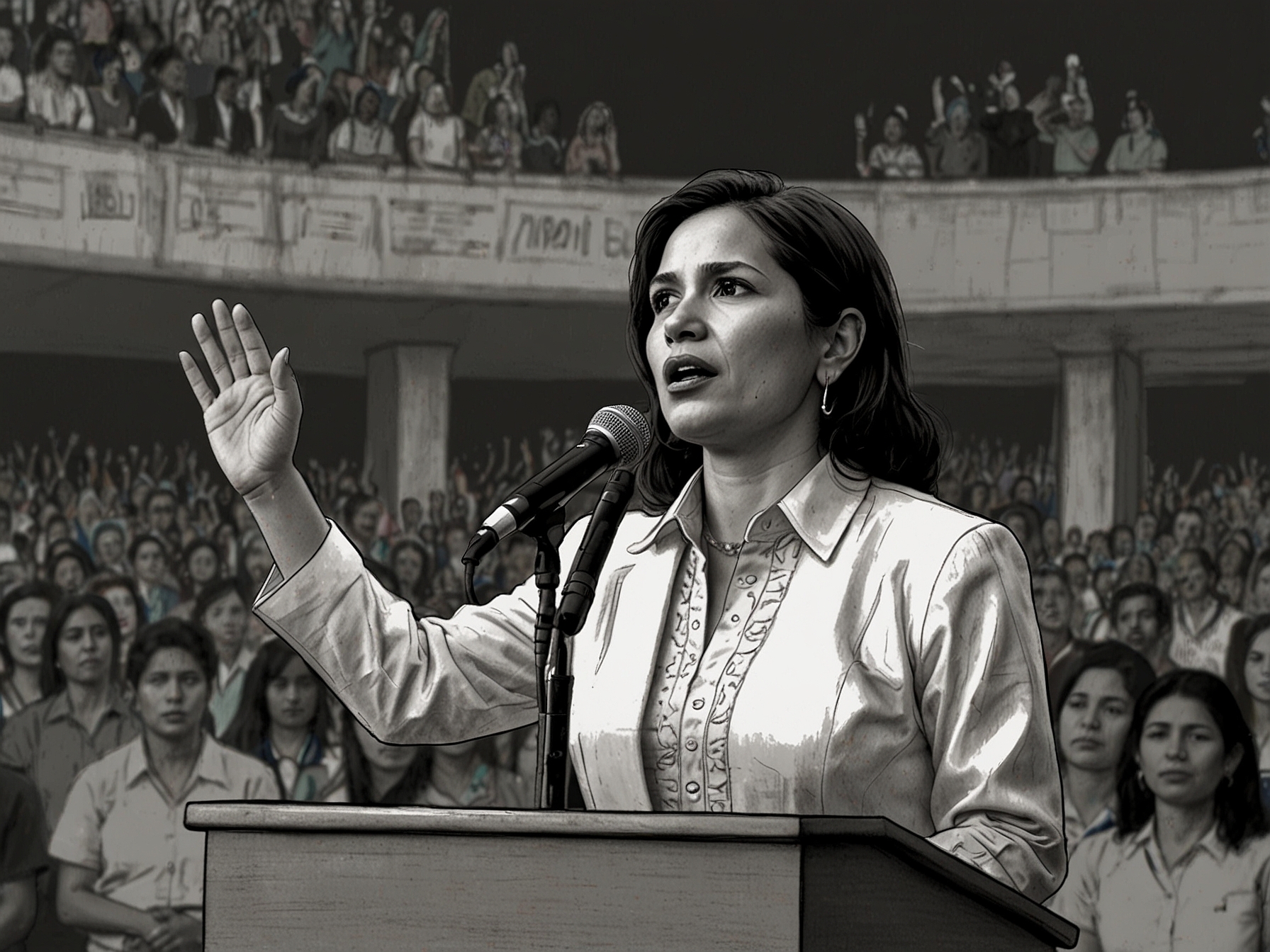 An image of Xóchitl Gálvez speaking at a political rally, passionately discussing her vision for a new and accountable political party while engaging with the audience.