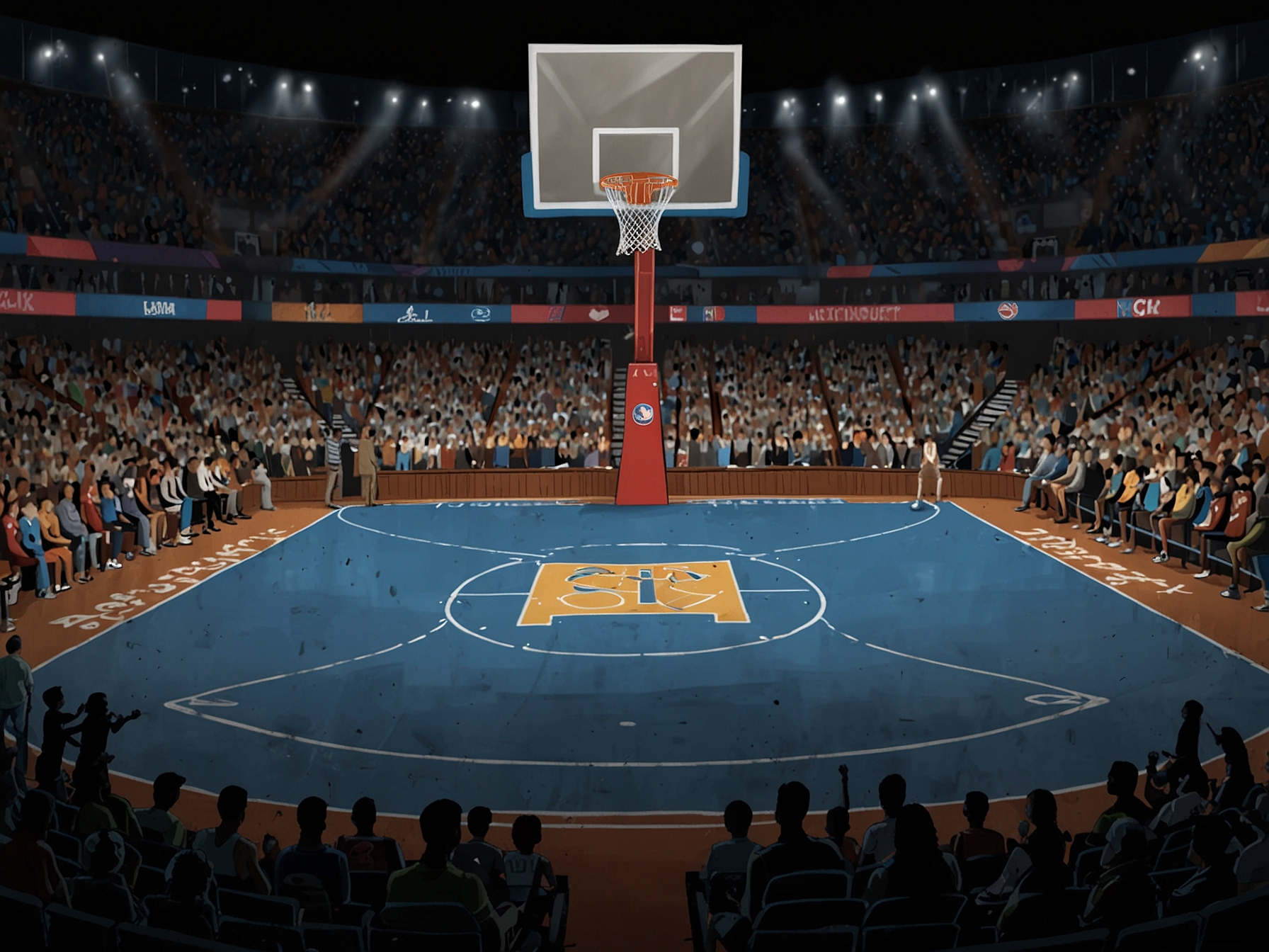 A split image showcasing happy NBA fans on one side and activists protesting human rights abuses on the other, depicting conflicting sentiments.