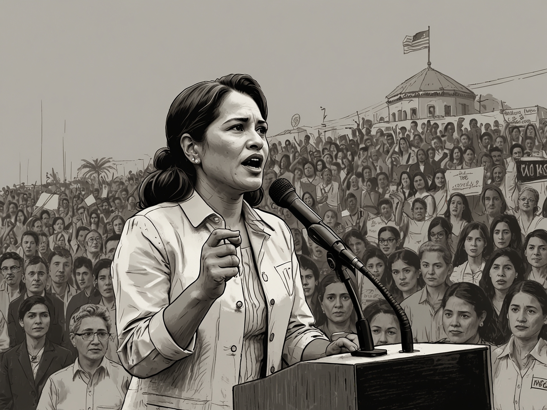 An illustration showing a diverse group of citizens brainstorming ideas for a new political movement, symbolizing hope and the demand for change in Mexican politics.
