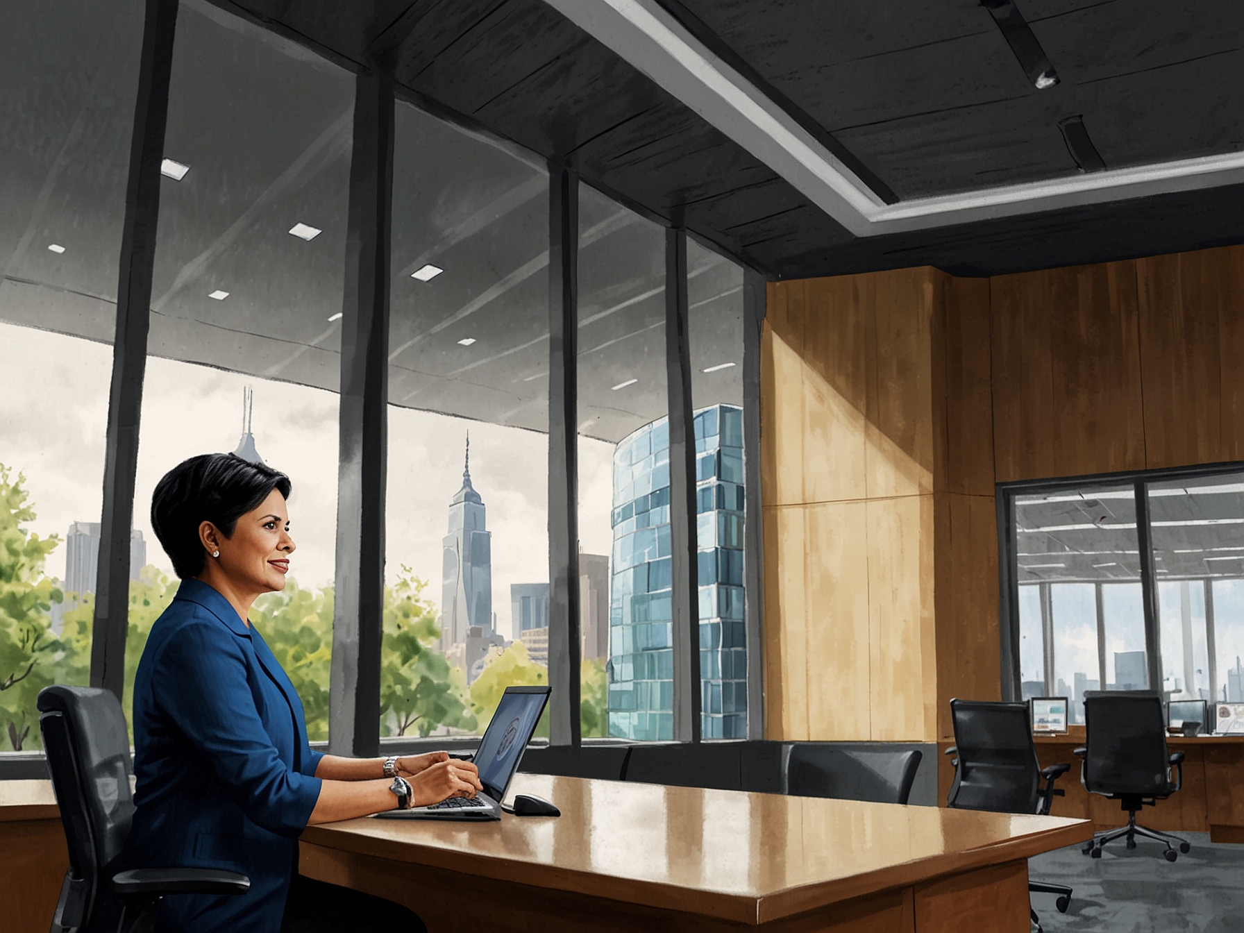 An inspiring portrait of Indra Nooyi reflecting her leadership role at PepsiCo, with a modern office backdrop that embodies innovation and diversity in business.
