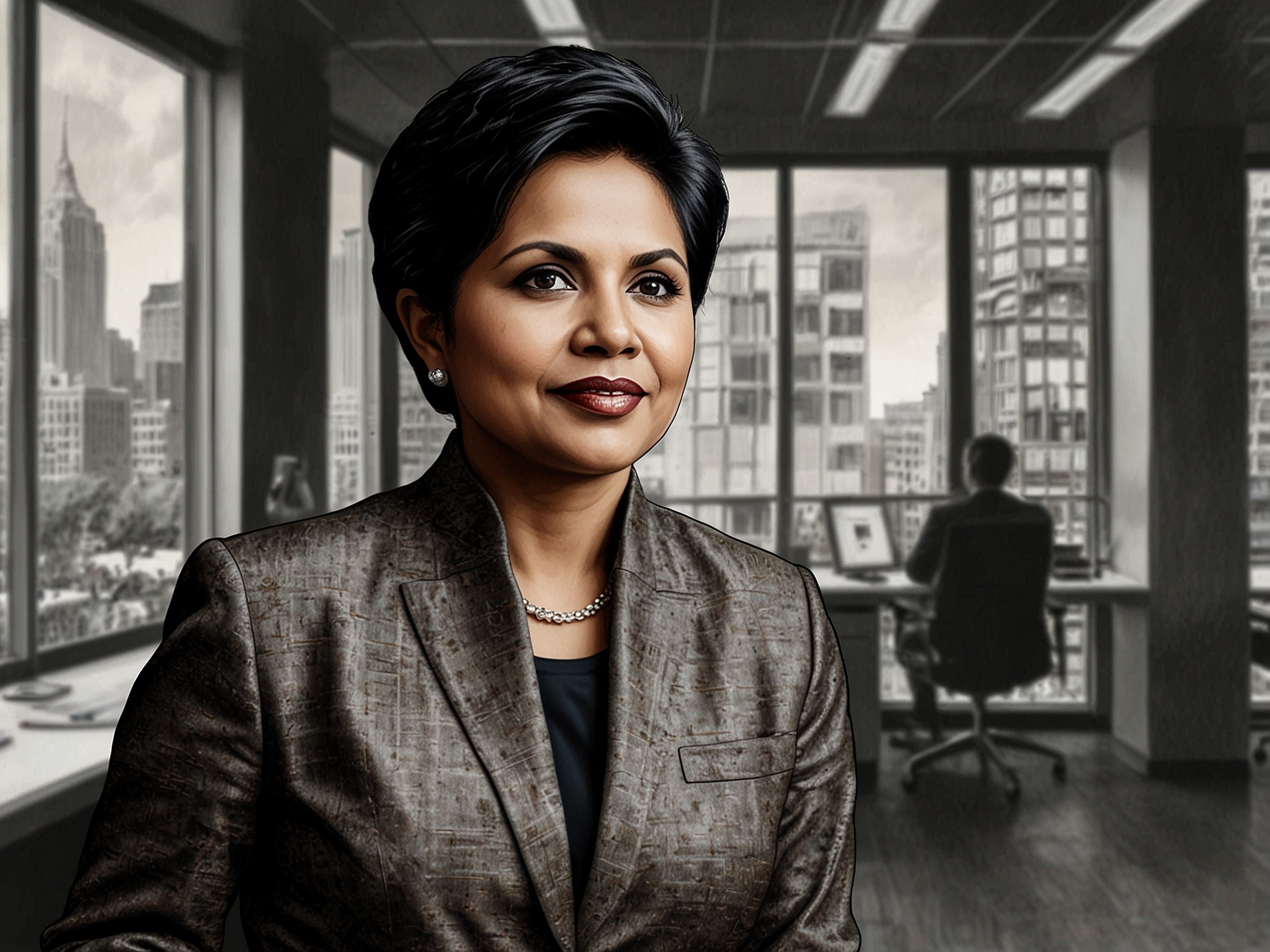An image depicting a diverse group of leaders collaborating at a board meeting, symbolizing the inclusive leadership approach advocated by Indra Nooyi.