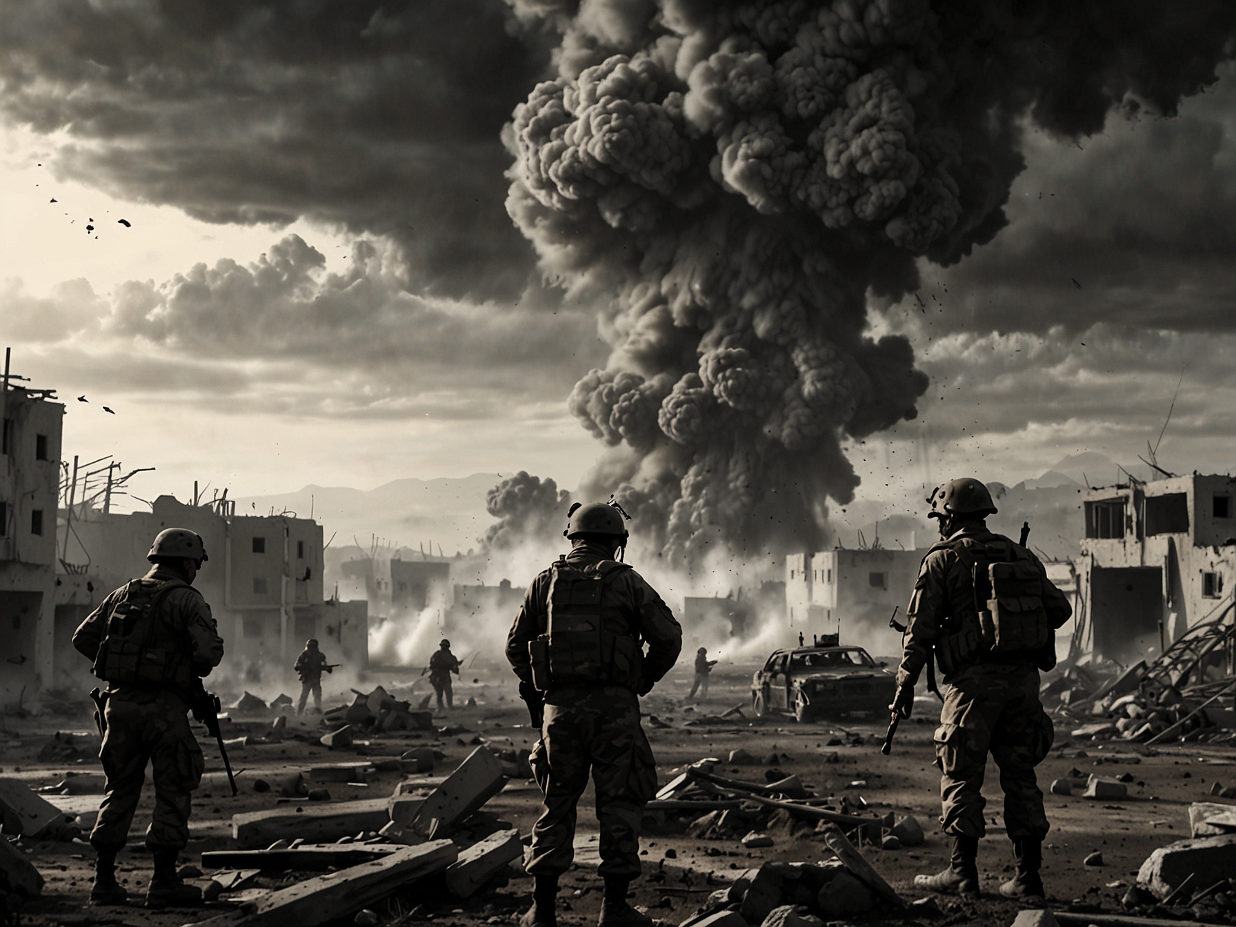 A dramatic image showing the aftermath of a missile strike in a war zone, with smoke rising in the background and soldiers surveying the damage, capturing the severity of the ongoing conflict.