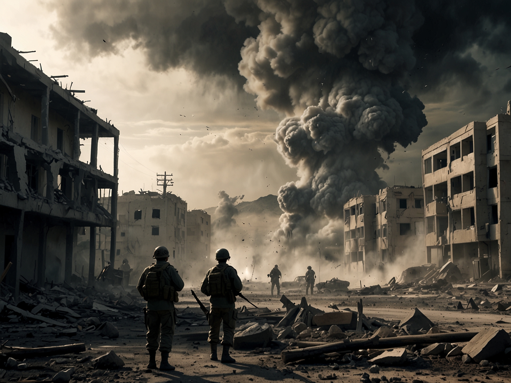 A somber portrait of Ukrainian soldiers amidst the ruins of a destroyed building, reflecting the personal toll of the conflict and the resilience of those affected.
