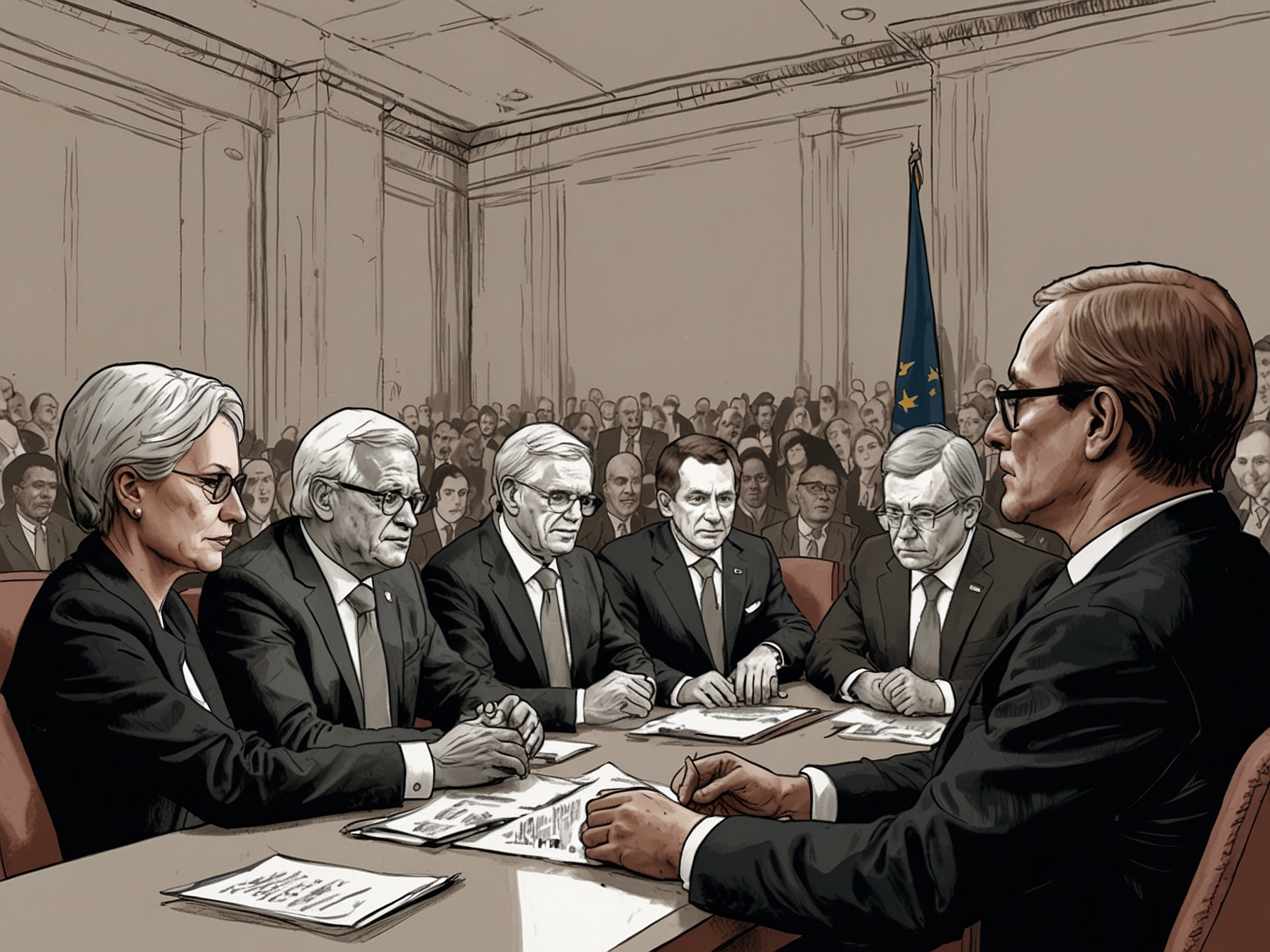 A tense scene at the G20 summit where world leaders discuss international issues, with an emphasis on Haiti's crisis and Macron's controversial comments. The image captures a mix of concern and debate among attendees.