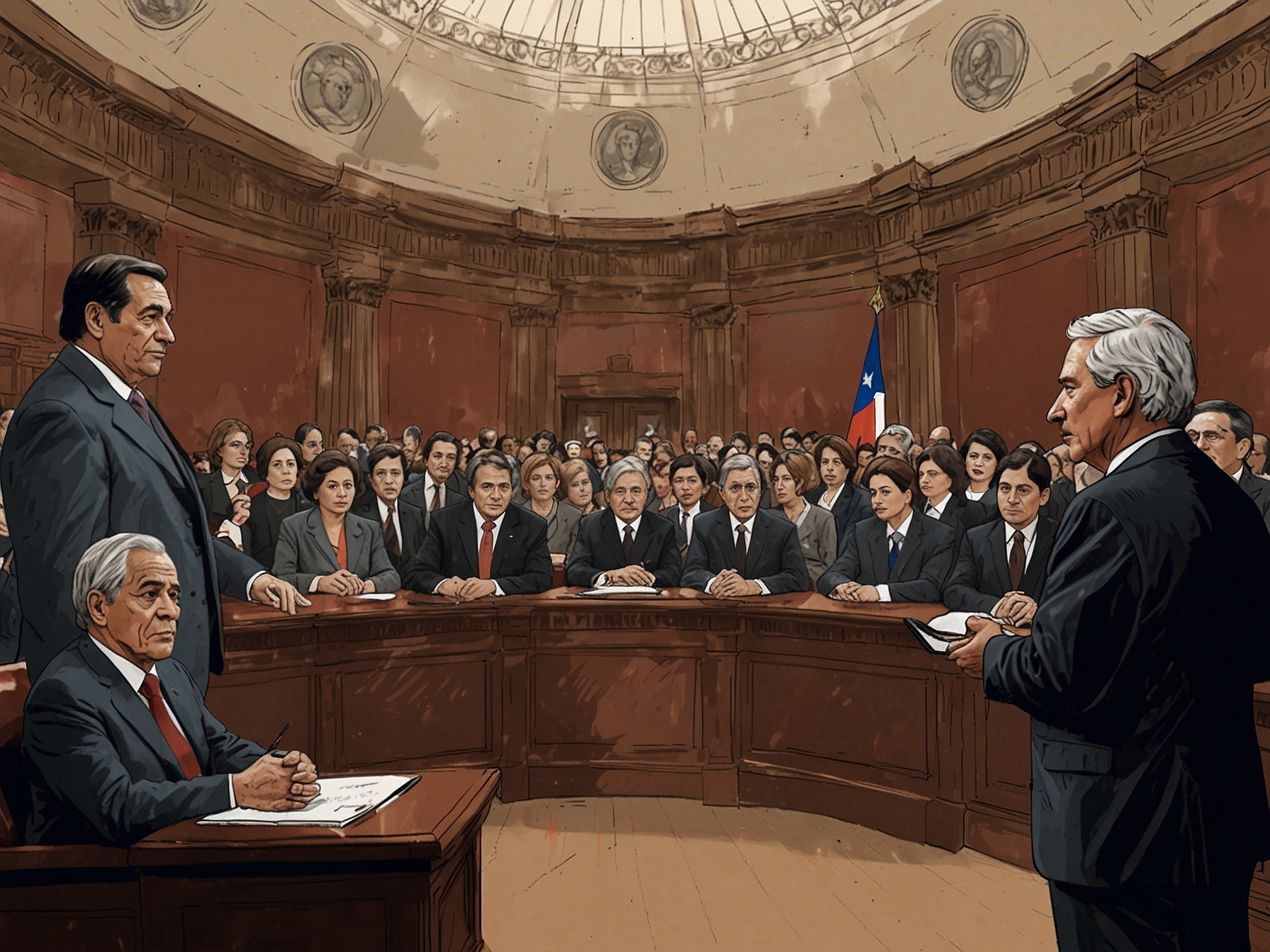 An image depicting a tense session in the Chilean Congress, with members divided along political lines discussing the Monsalve case, reflecting the atmosphere of controversy and scrutiny.