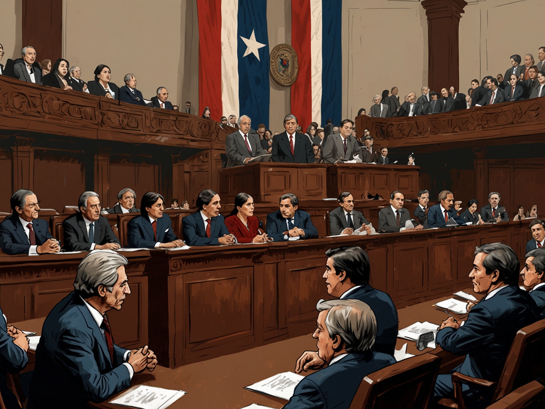 A visual representation of President Gabriel Boric looking contemplative, with symbols of governance and crisis surrounding him, encapsulating the uncertainty of his administration amidst the turmoil.