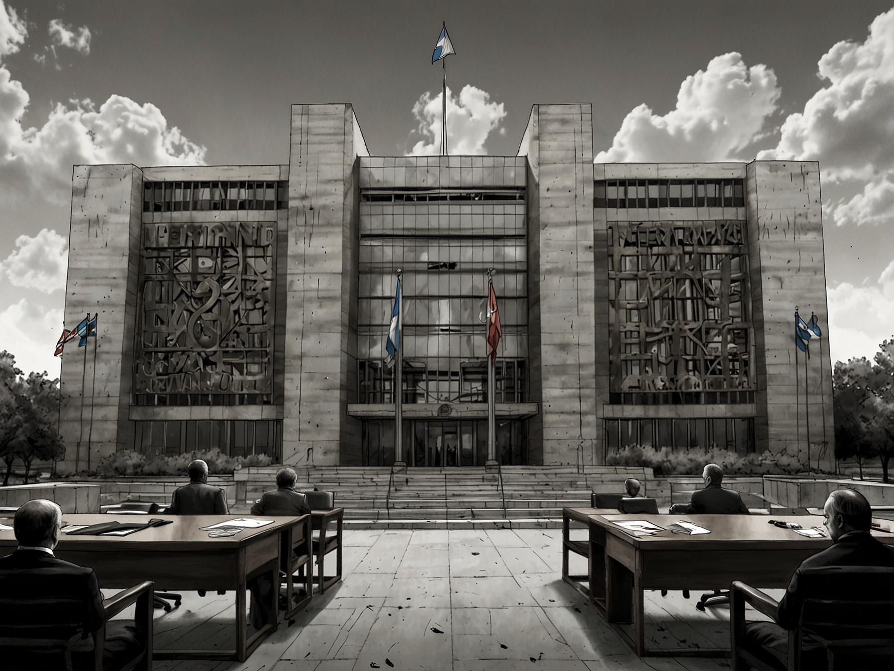 An illustration depicting the International Criminal Court building, surrounded by symbols of justice like scales, with images of Netanyahu and Gallant superimposed reflecting the gravity of war crimes allegations.